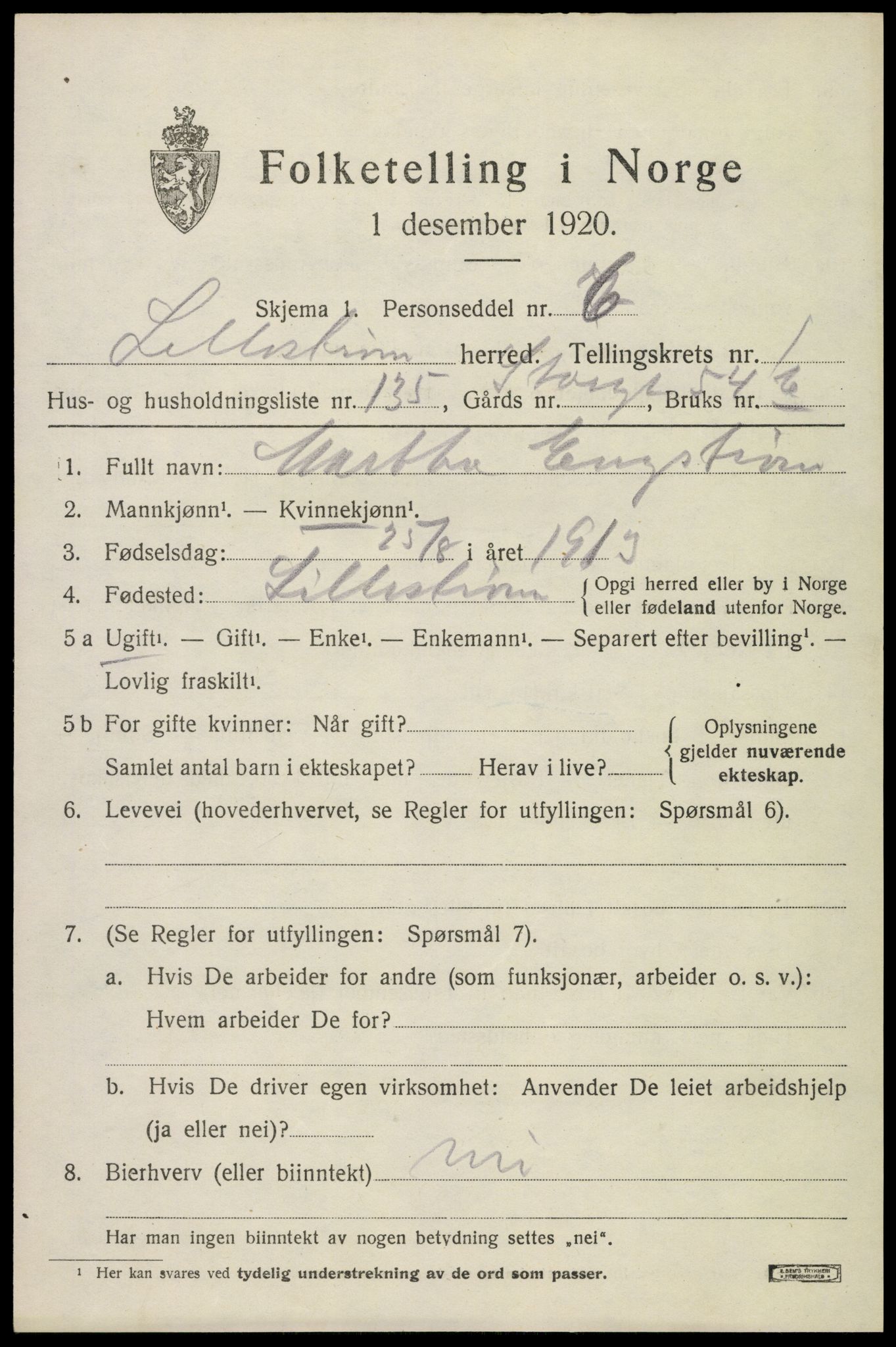 SAO, Folketelling 1920 for 0232 Lillestrøm herred, 1920, s. 3656