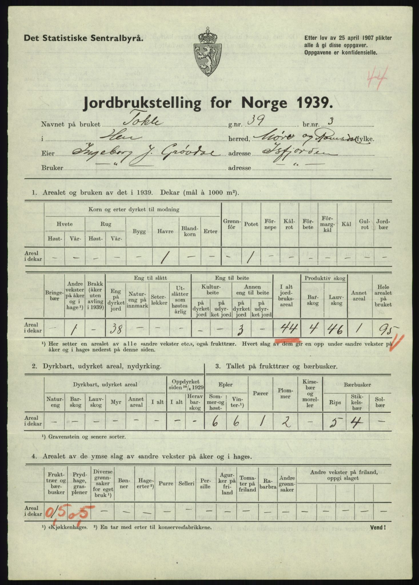 Statistisk sentralbyrå, Næringsøkonomiske emner, Jordbruk, skogbruk, jakt, fiske og fangst, AV/RA-S-2234/G/Gb/L0251: Møre og Romsdal: Voll, Eid, Grytten og Hen, 1939, s. 1305