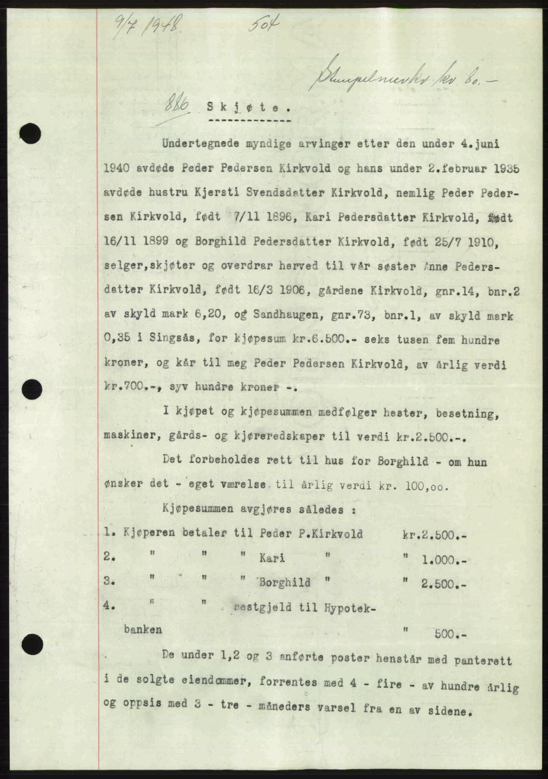 Gauldal sorenskriveri, SAT/A-0014/1/2/2C: Pantebok nr. A6, 1948-1948, Dagboknr: 886/1948