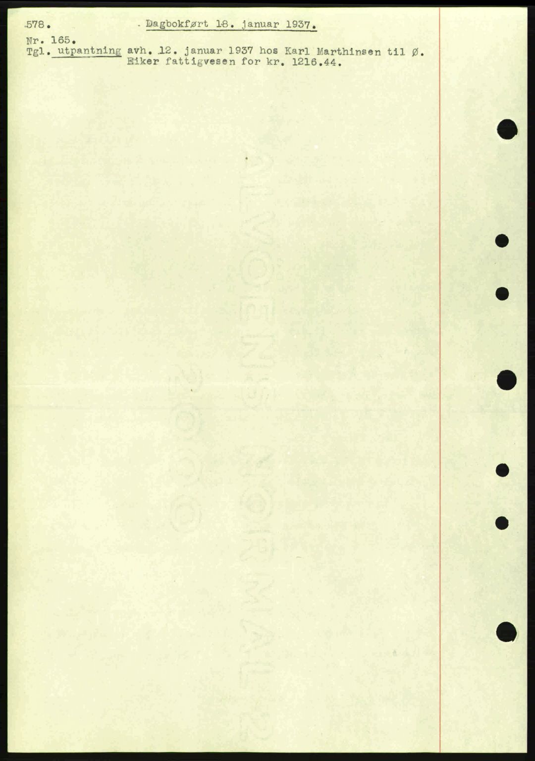 Eiker, Modum og Sigdal sorenskriveri, SAKO/A-123/G/Ga/Gab/L0034: Pantebok nr. A4, 1936-1937, Dagboknr: 165/1937