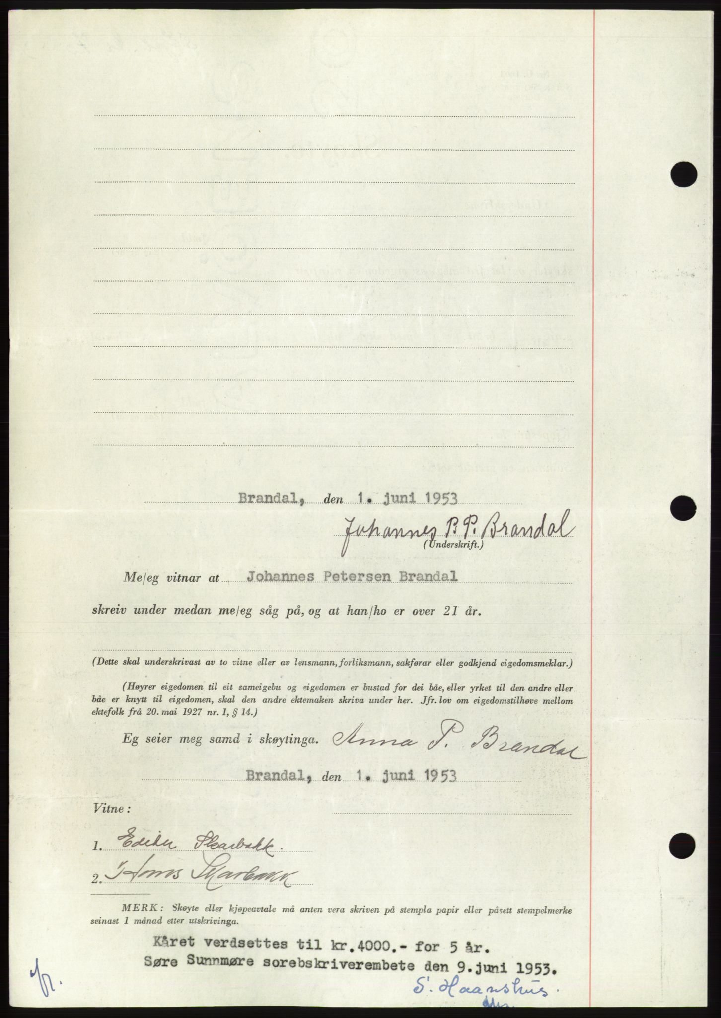 Søre Sunnmøre sorenskriveri, AV/SAT-A-4122/1/2/2C/L0095: Pantebok nr. 21A, 1953-1953, Dagboknr: 1368/1953