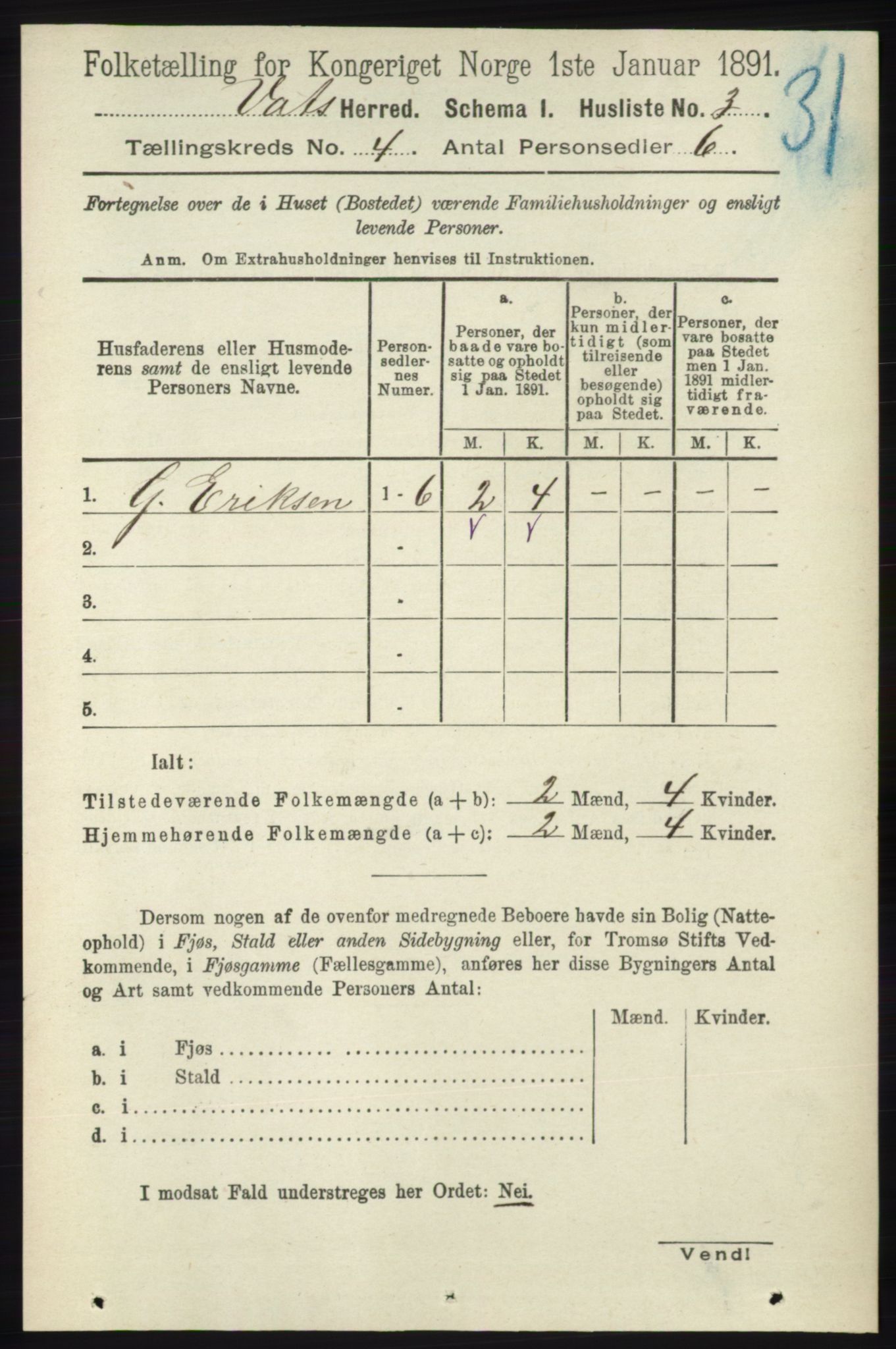 RA, Folketelling 1891 for 1155 Vats herred, 1891, s. 593