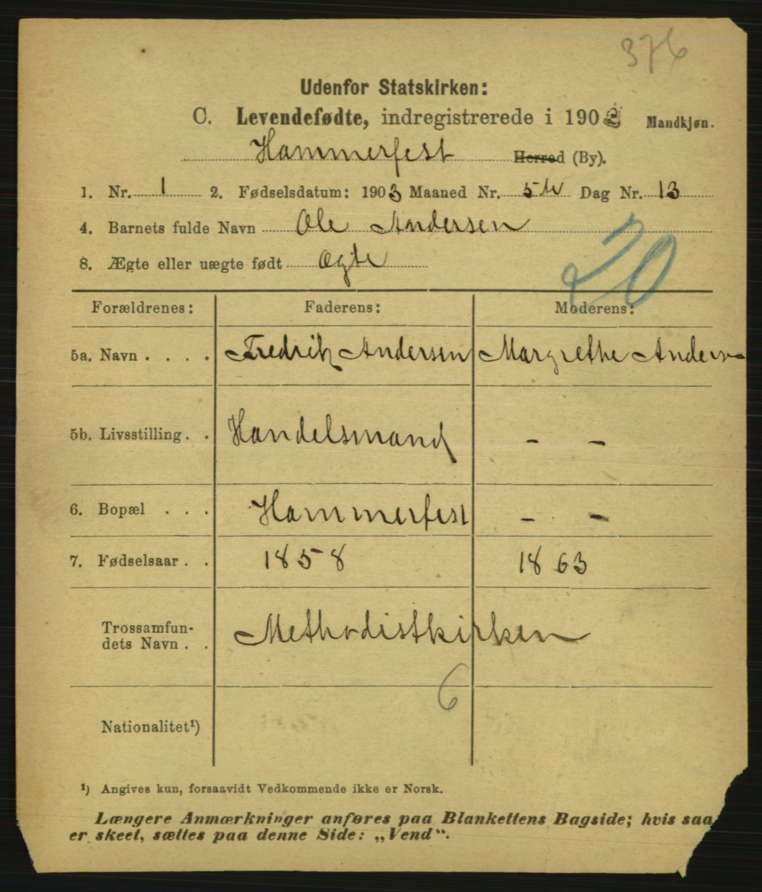 Statistisk sentralbyrå, Sosiodemografiske emner, Befolkning, AV/RA-S-2228/E/L0001: Fødte, gifte, døde dissentere., 1903, s. 1803