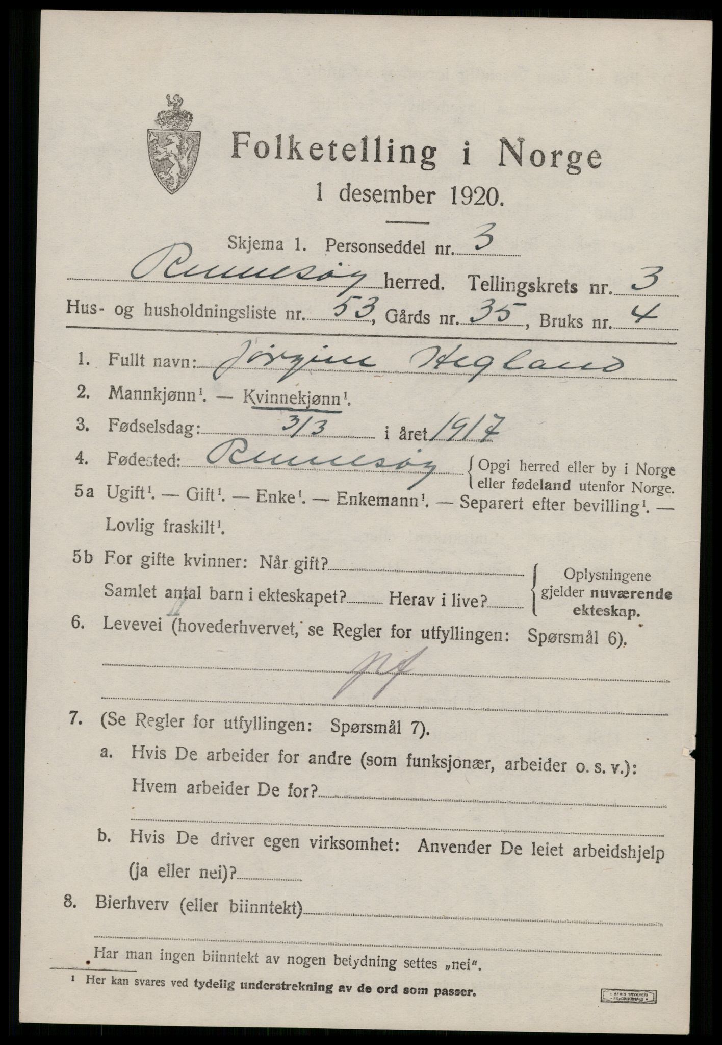 SAST, Folketelling 1920 for 1142 Rennesøy herred, 1920, s. 2578