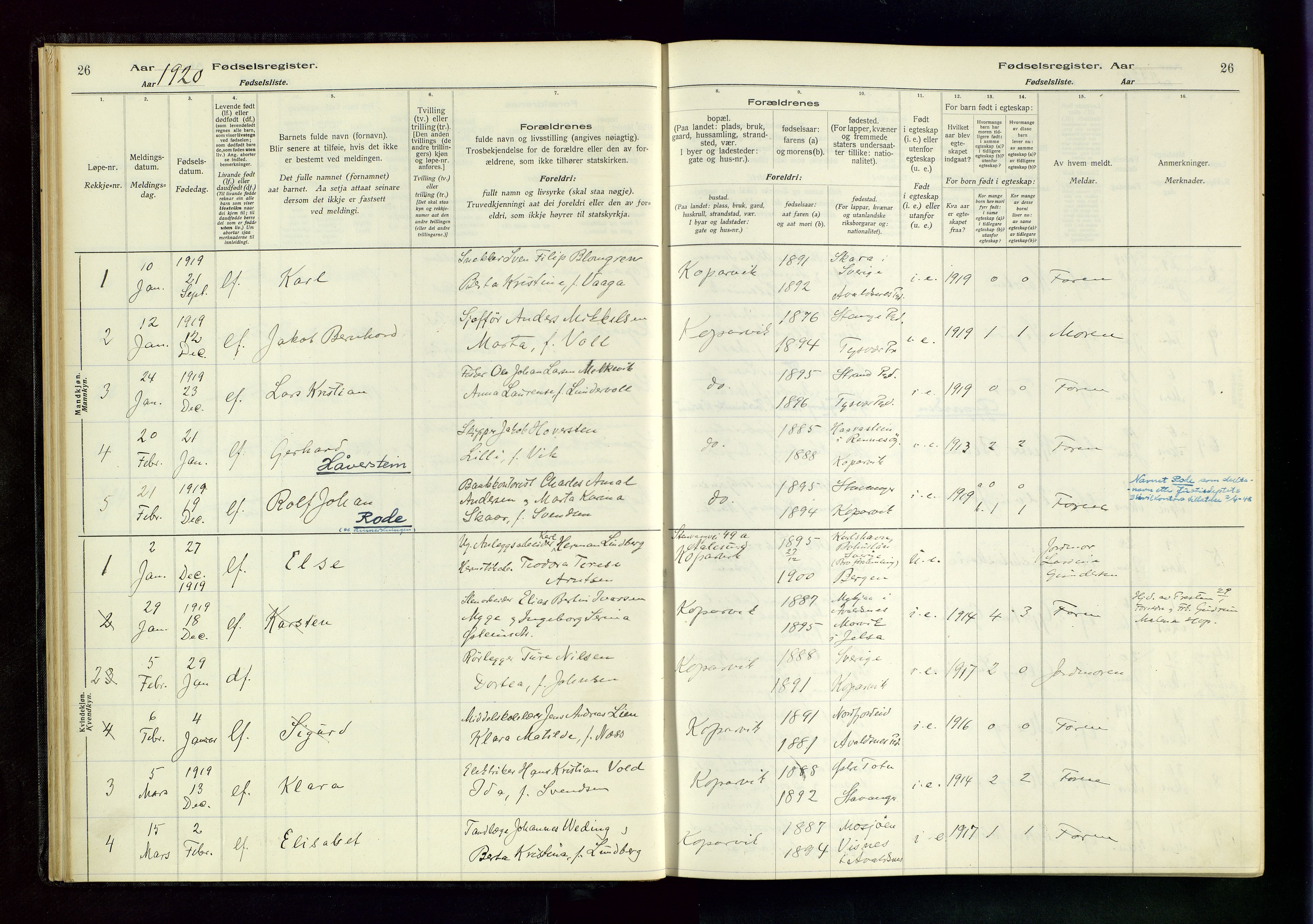 Kopervik sokneprestkontor, SAST/A-101850/I/Id/L0001: Fødselsregister nr. 1, 1916-1952, s. 26