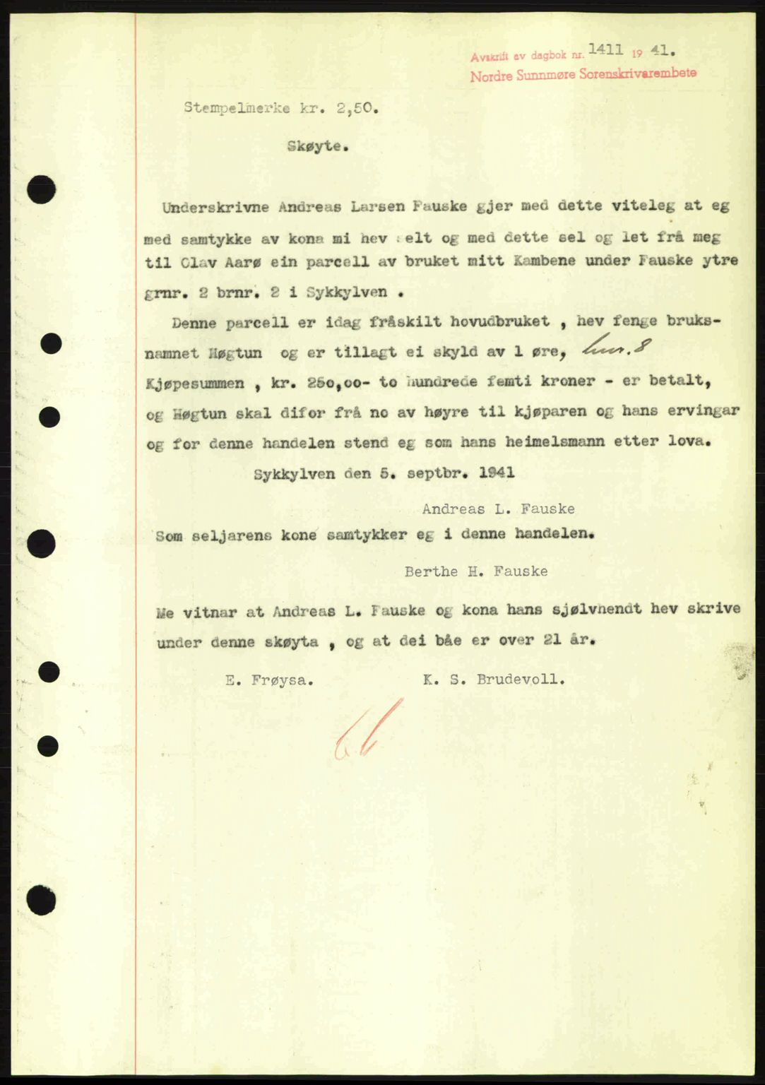 Nordre Sunnmøre sorenskriveri, SAT/A-0006/1/2/2C/2Ca: Pantebok nr. A11, 1941-1941, Dagboknr: 1411/1941