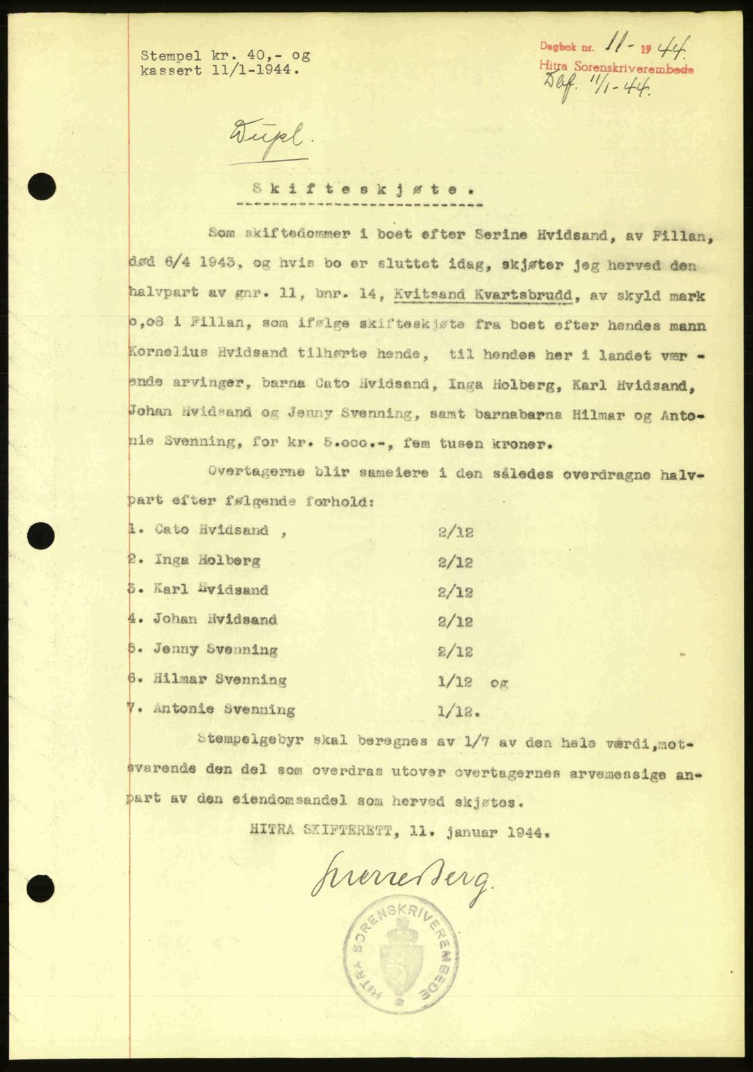 Hitra sorenskriveri, AV/SAT-A-0018/2/2C/2Ca: Pantebok nr. A2, 1943-1945, Dagboknr: 11/1944