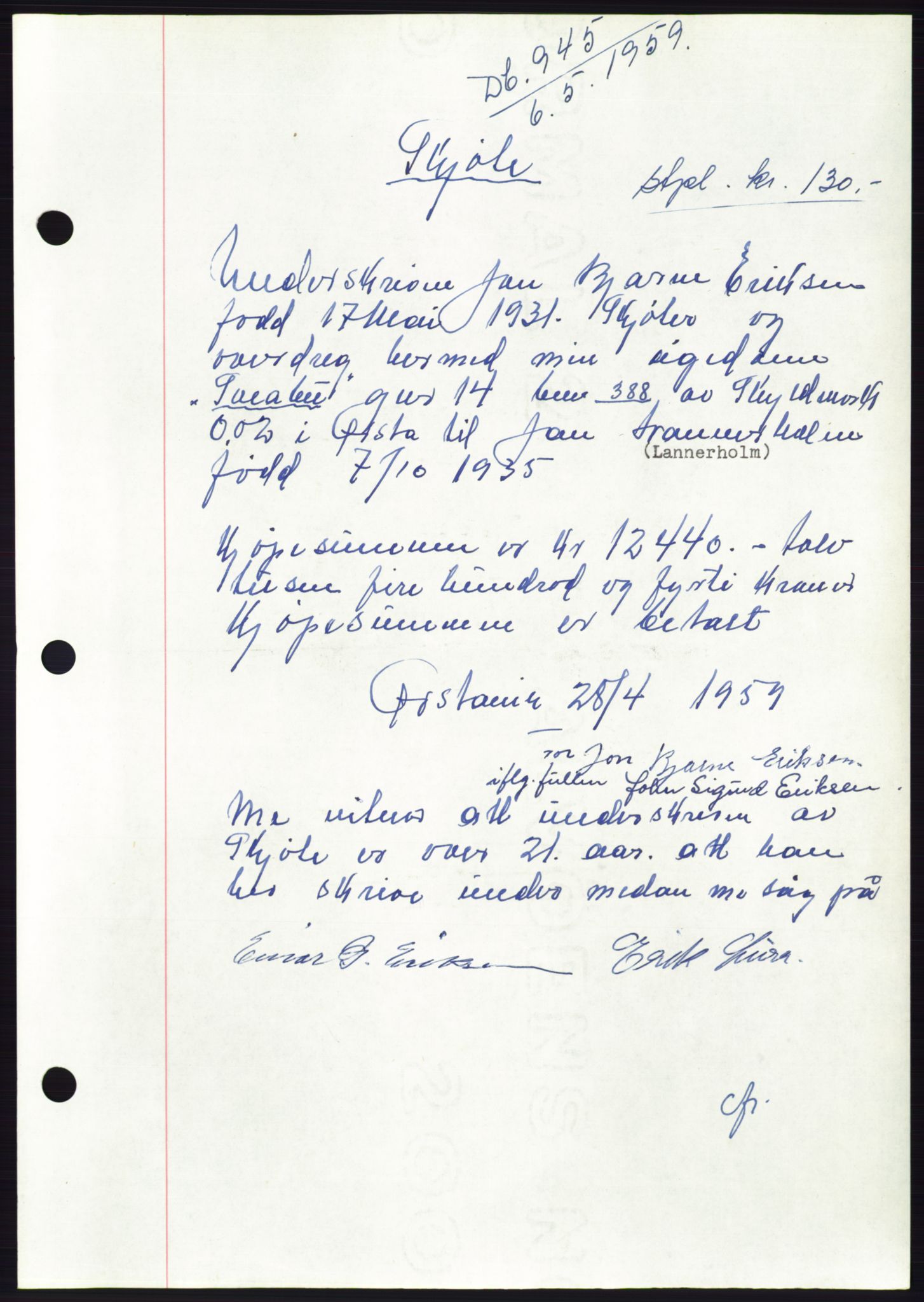 Søre Sunnmøre sorenskriveri, SAT/A-4122/1/2/2C/L0112: Pantebok nr. 38A, 1959-1959, Dagboknr: 945/1959