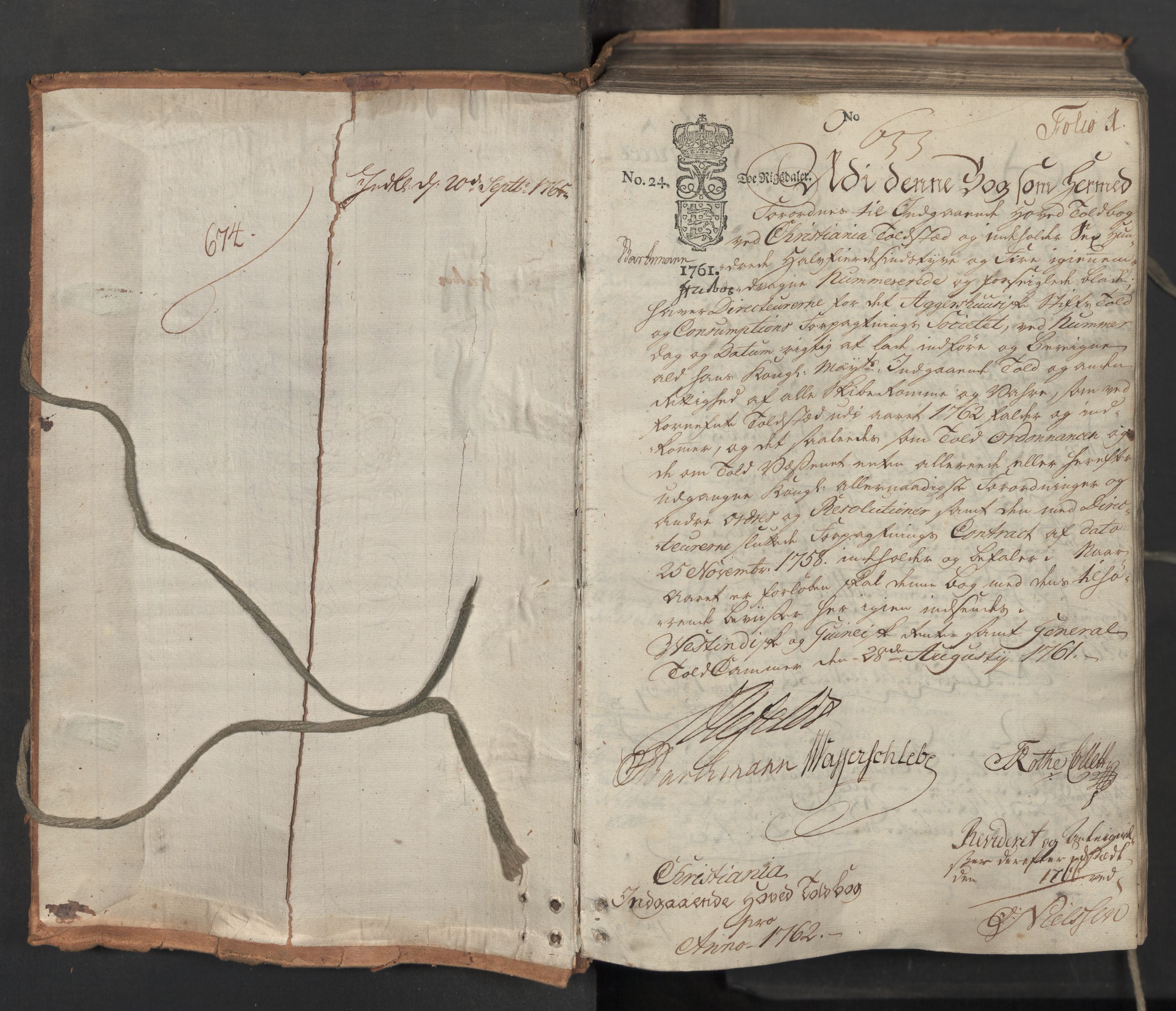 Generaltollkammeret, tollregnskaper, AV/RA-EA-5490/R06/L0062/0001: Tollregnskaper Kristiania / Inngående hovedtollbok, 1762, s. 1a