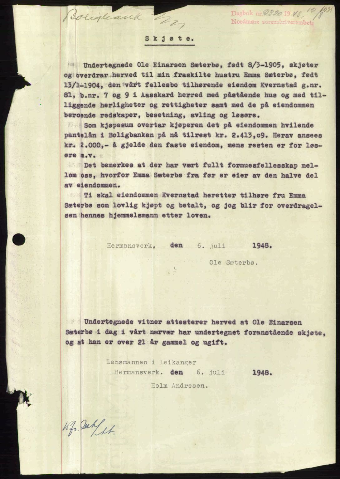 Nordmøre sorenskriveri, SAT/A-4132/1/2/2Ca: Pantebok nr. A108, 1948-1948, Dagboknr: 2320/1948