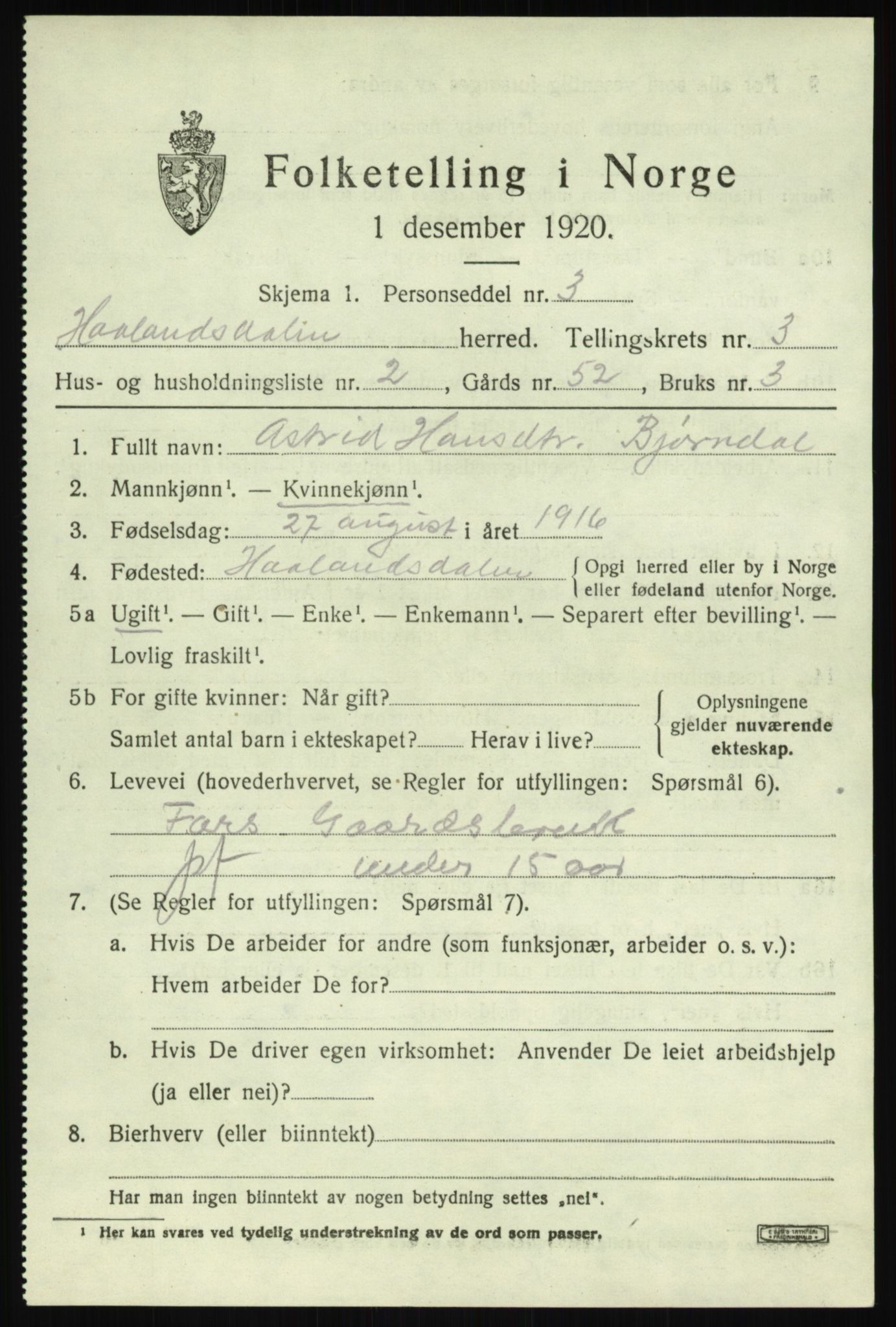 SAB, Folketelling 1920 for 1239 Hålandsdal herred, 1920, s. 672