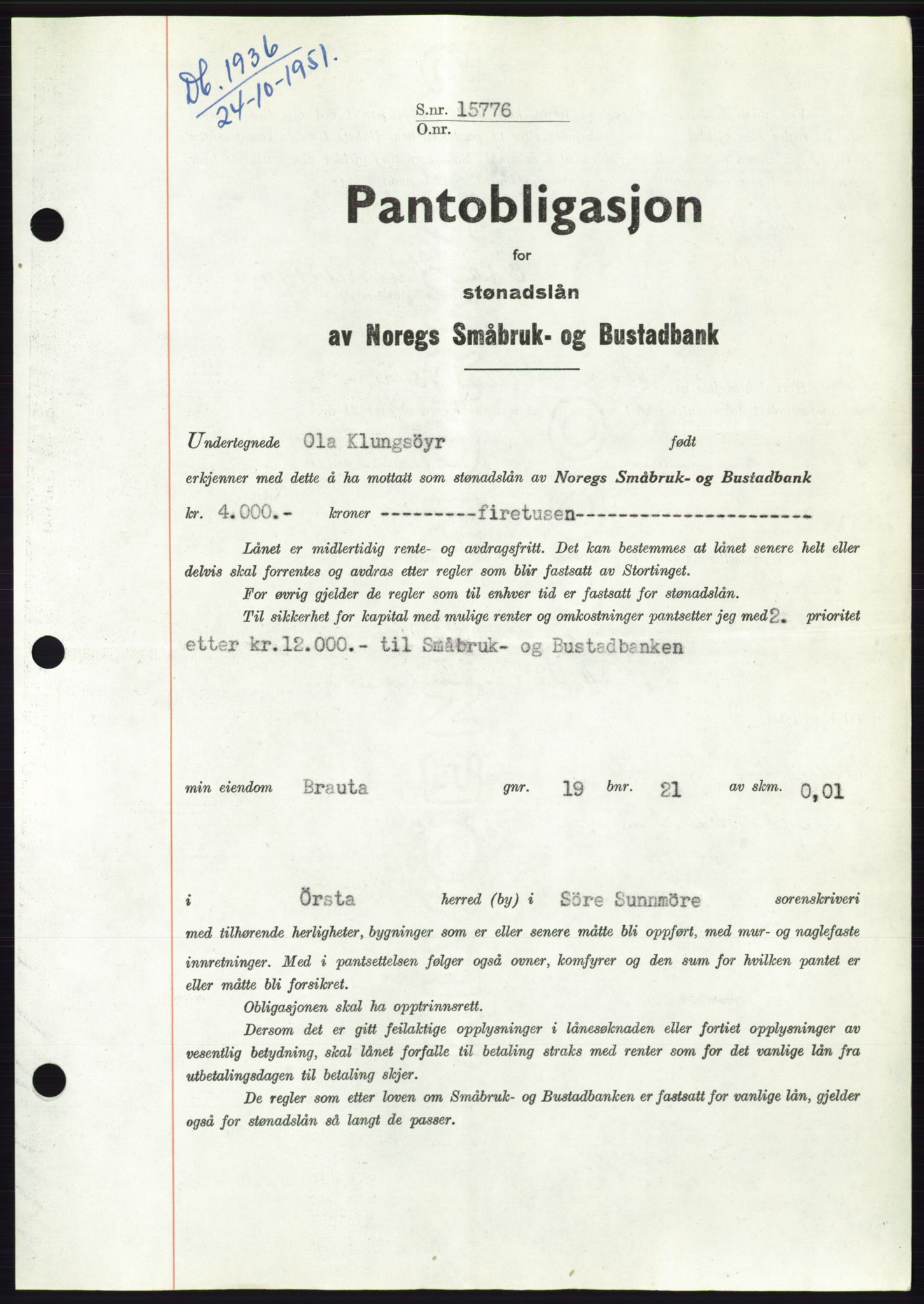 Søre Sunnmøre sorenskriveri, SAT/A-4122/1/2/2C/L0120: Pantebok nr. 8B, 1951-1951, Dagboknr: 1936/1951