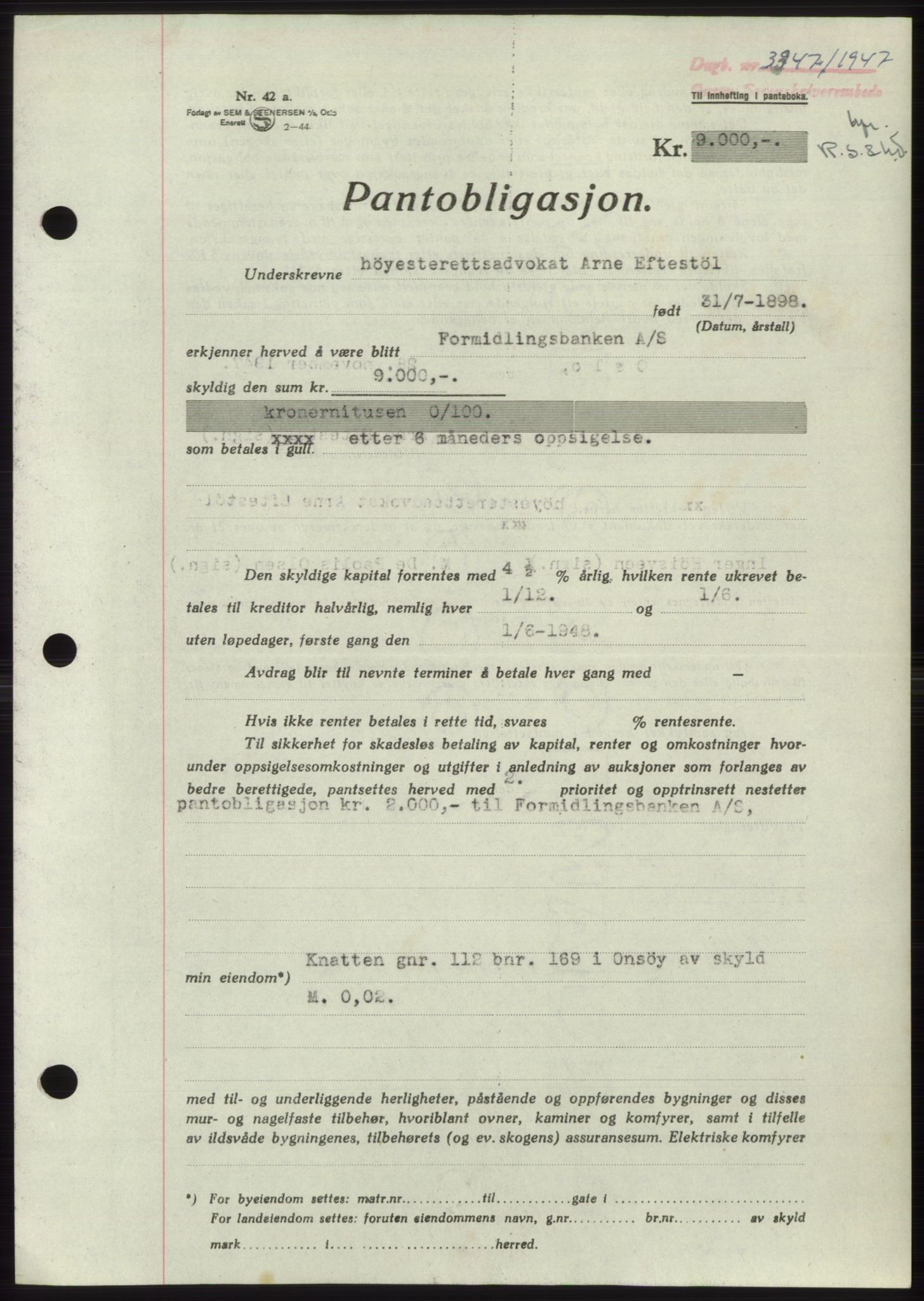 Onsøy sorenskriveri, SAO/A-10474/G/Ga/Gac/L0006: Pantebok nr. B 12-6, 1947-1948, Dagboknr: 3347/1947