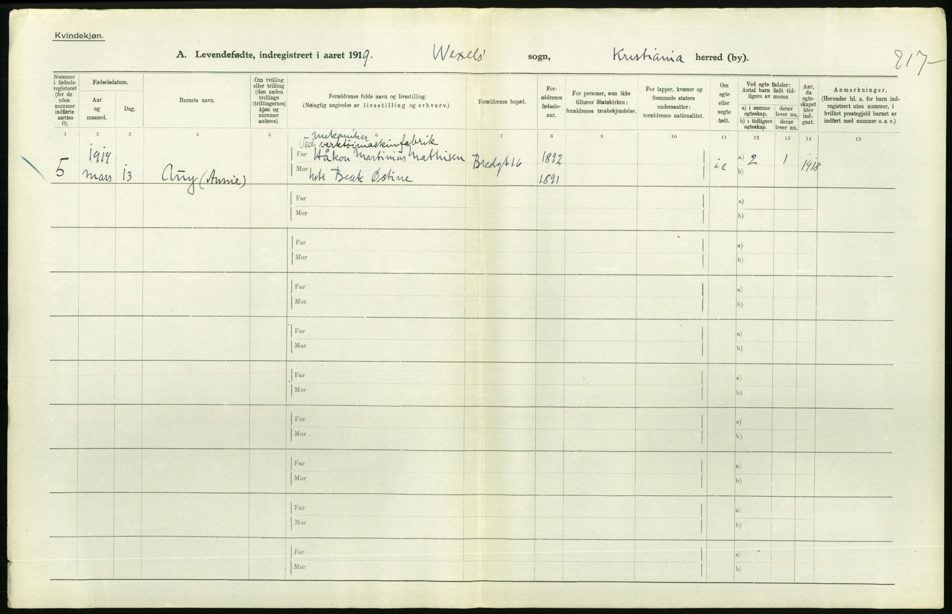 Statistisk sentralbyrå, Sosiodemografiske emner, Befolkning, AV/RA-S-2228/D/Df/Dfb/Dfbi/L0008: Kristiania: Levendefødte menn og kvinner., 1919