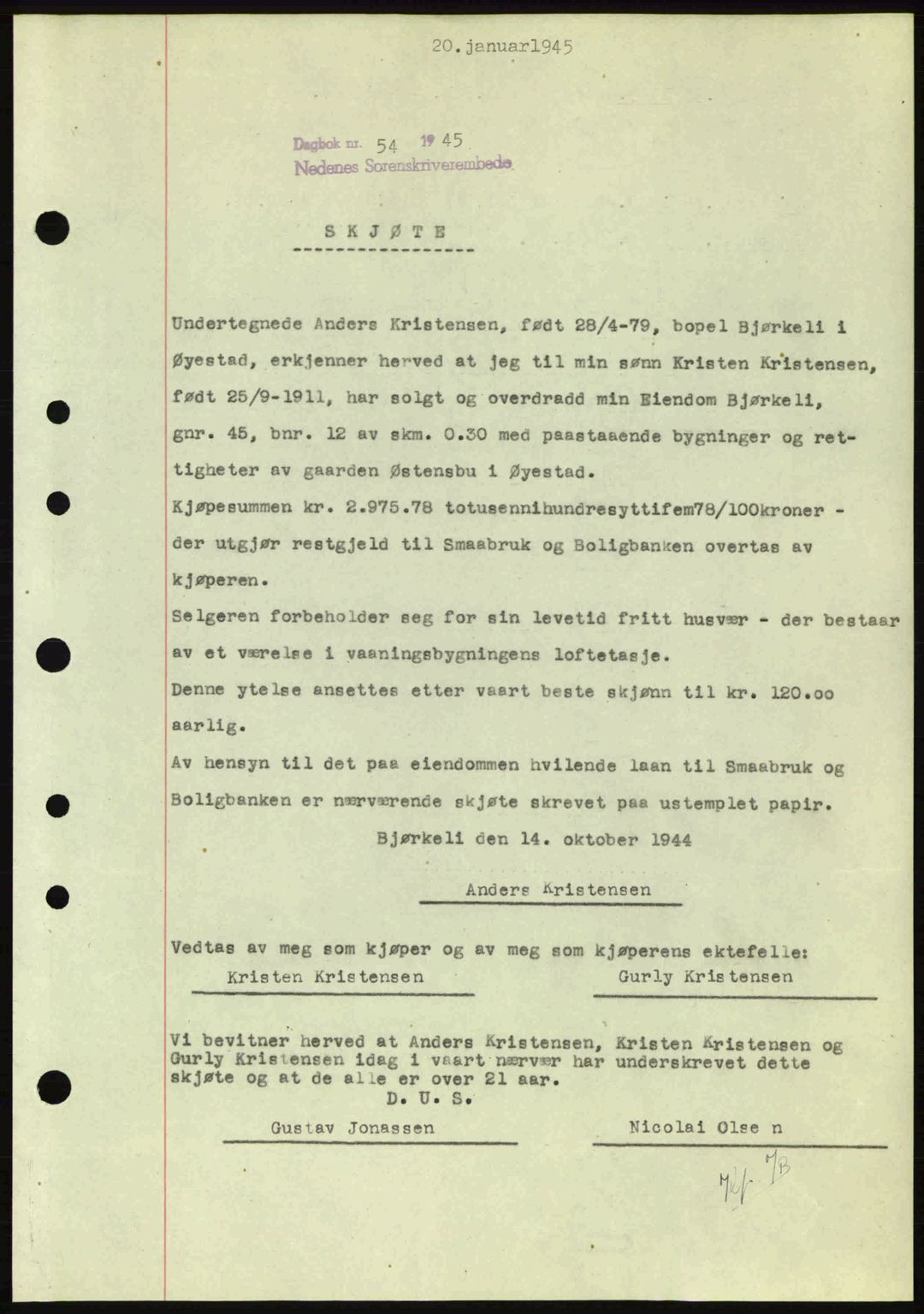 Nedenes sorenskriveri, SAK/1221-0006/G/Gb/Gba/L0052: Pantebok nr. A6a, 1944-1945, Dagboknr: 54/1945