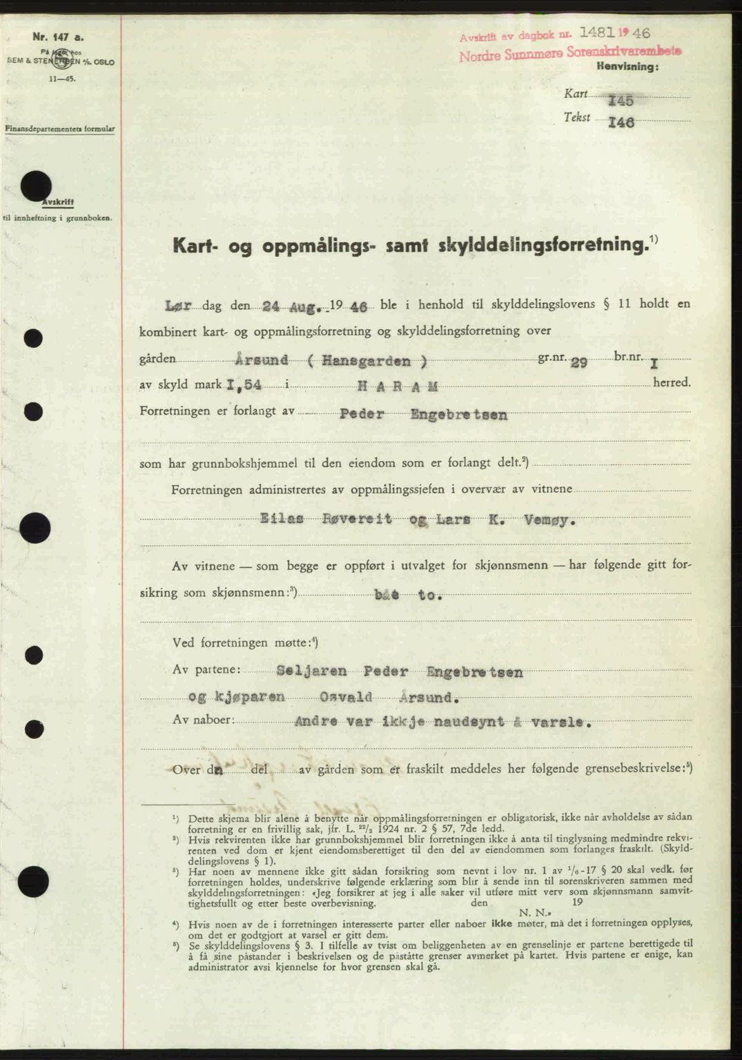 Nordre Sunnmøre sorenskriveri, SAT/A-0006/1/2/2C/2Ca: Pantebok nr. A22, 1946-1946, Dagboknr: 1481/1946