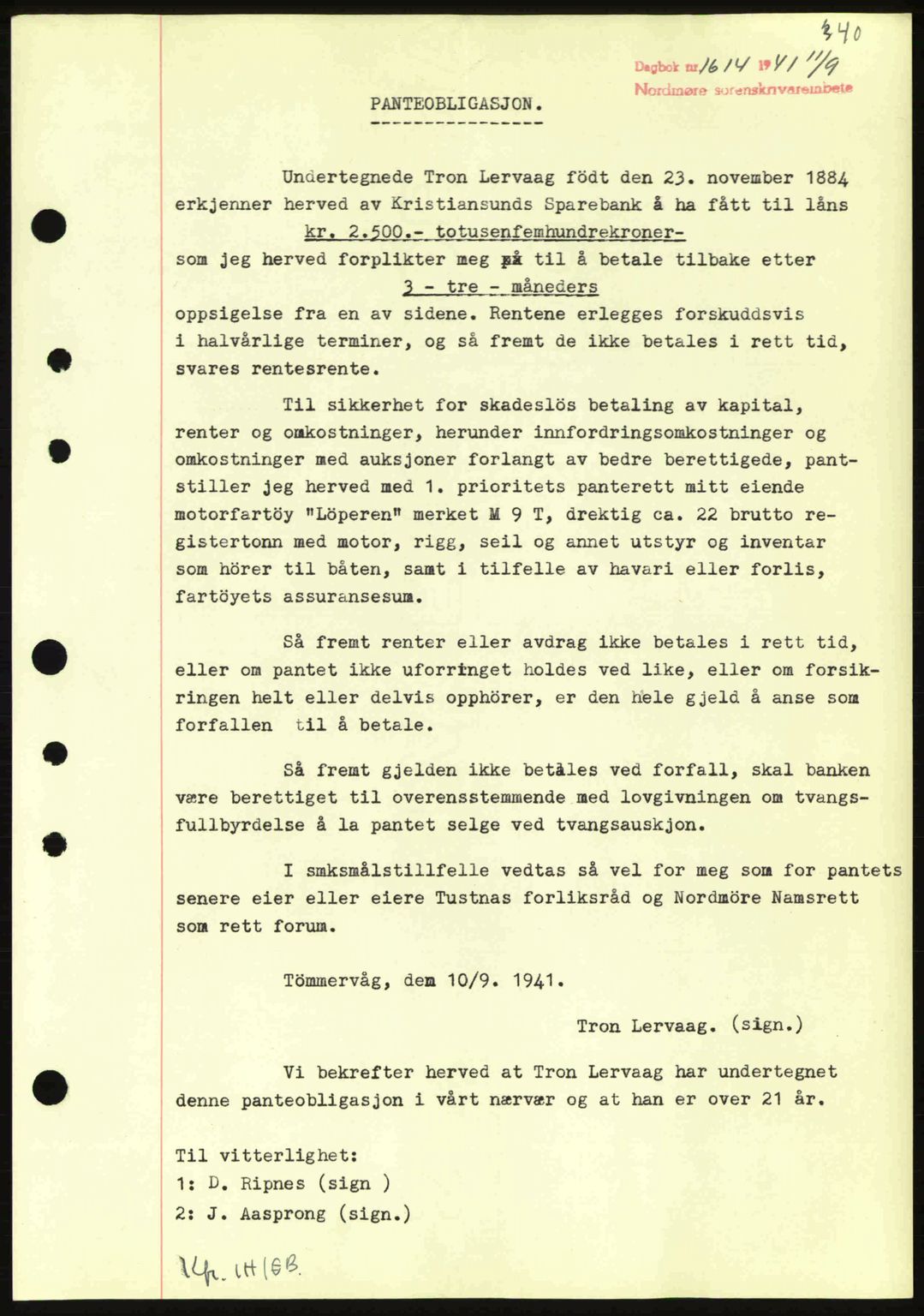 Nordmøre sorenskriveri, SAT/A-4132/1/2/2Ca: Pantebok nr. B88, 1941-1942, Dagboknr: 1614/1941