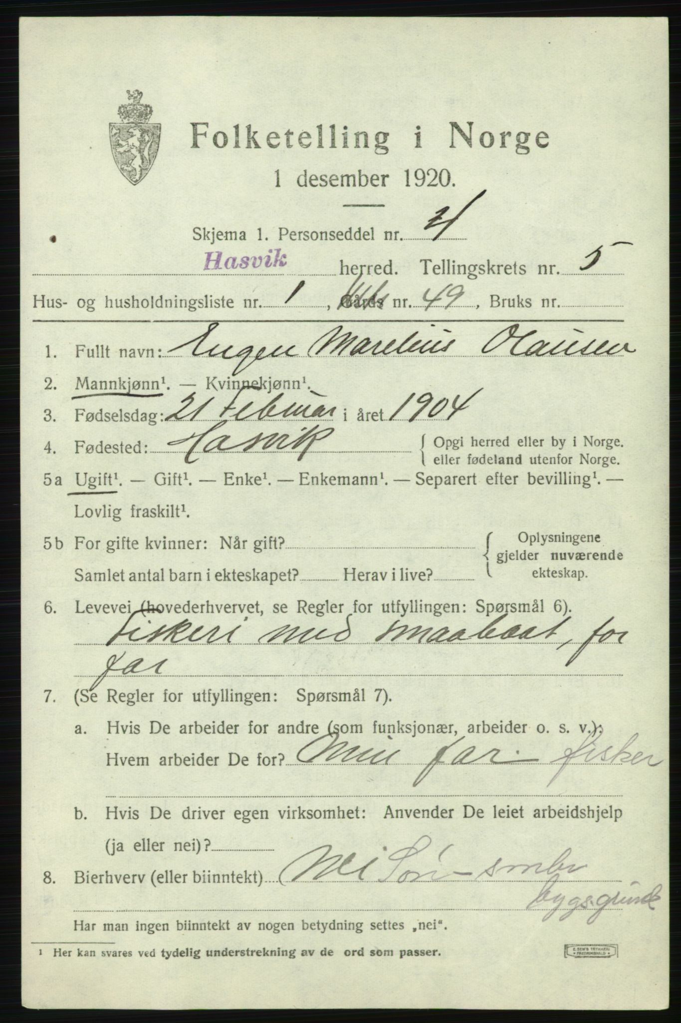 SATØ, Folketelling 1920 for 2015 Hasvik herred, 1920, s. 2313