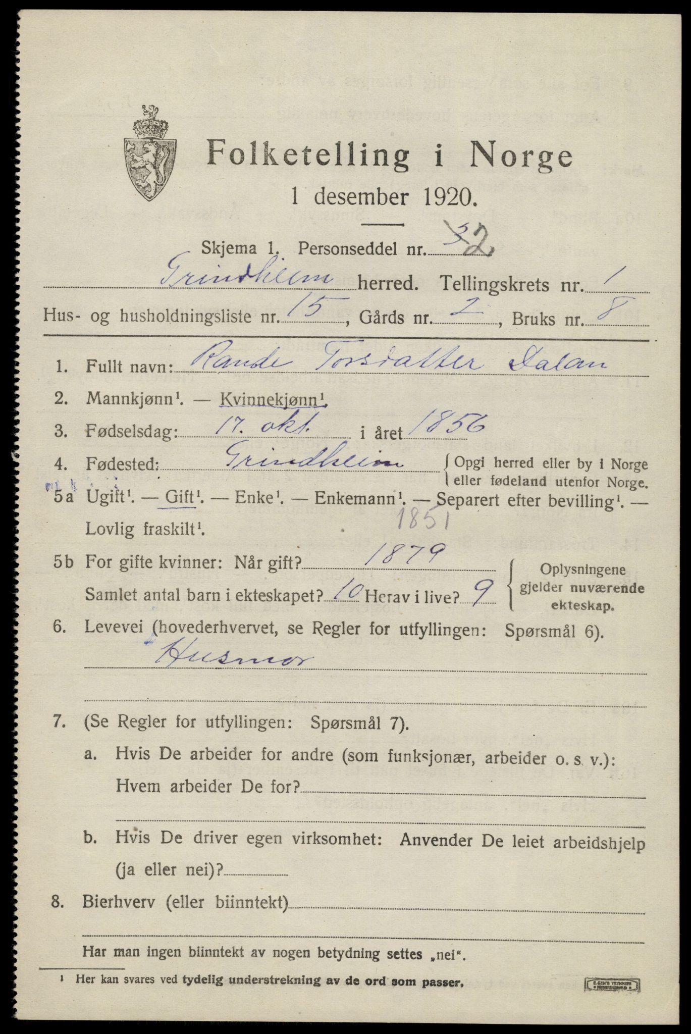 SAK, Folketelling 1920 for 1025 Grindheim herred, 1920, s. 551
