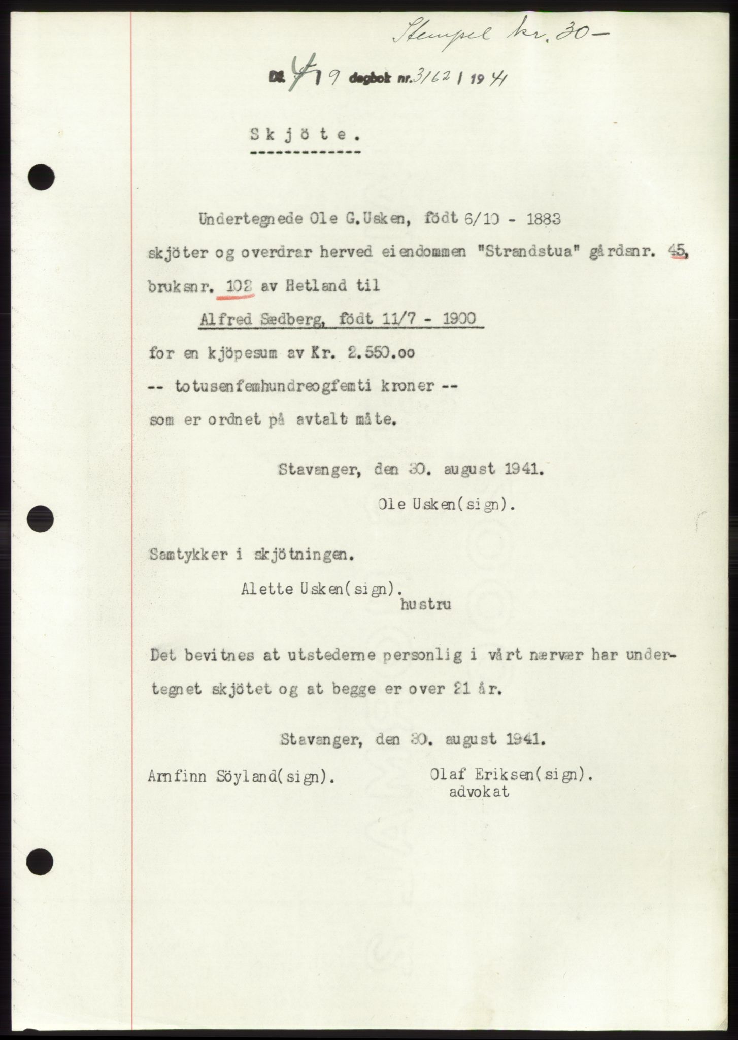 Jæren sorenskriveri, SAST/A-100310/03/G/Gba/L0081: Pantebok, 1941-1941, Dagboknr: 3162/1941
