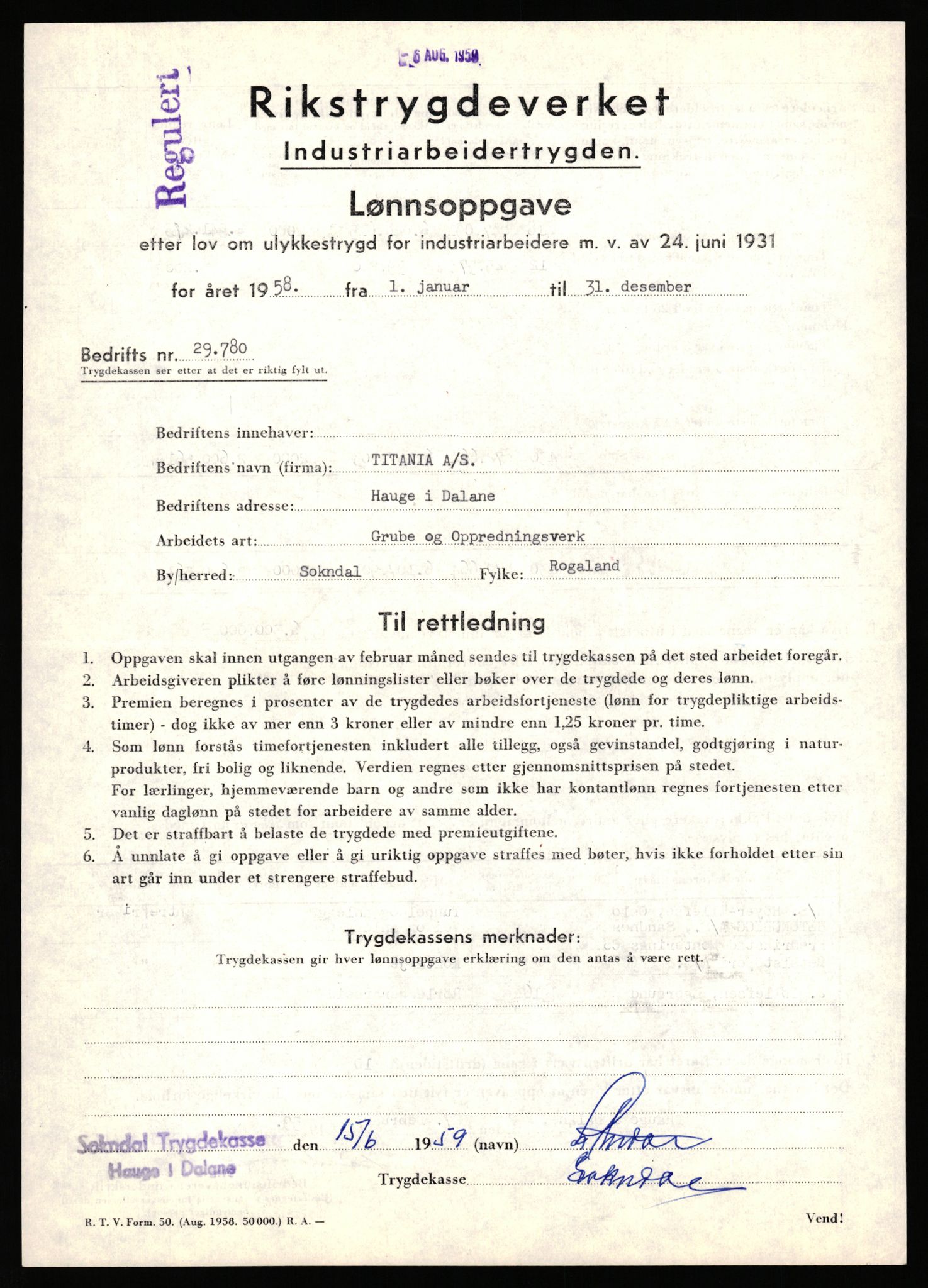 Rikstrygdeverket, Ulykkestrygdavdelingen, 1. ulykkestrygdkontor, AV/RA-S-4852/D/Dk/L1525/0001: -- / Sokndal: 29780 A/S Titania (Gruvedrift), 1917-1959