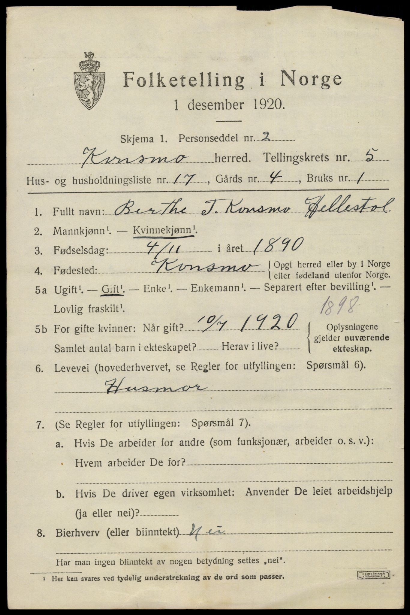 SAK, Folketelling 1920 for 1027 Konsmo herred, 1920, s. 1394