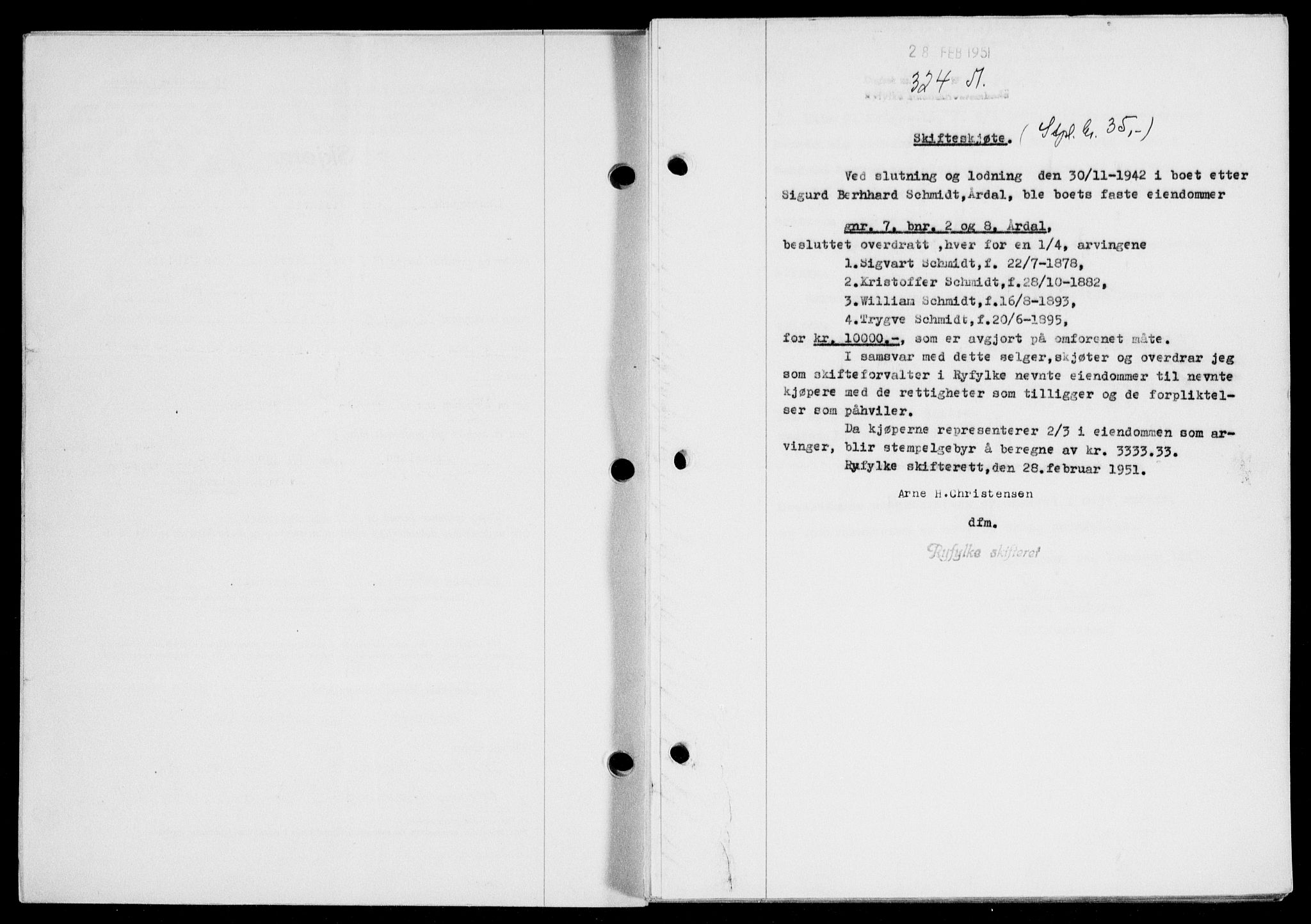 Ryfylke tingrett, SAST/A-100055/001/II/IIB/L0113: Pantebok nr. 92, 1951-1951, Dagboknr: 324/1951