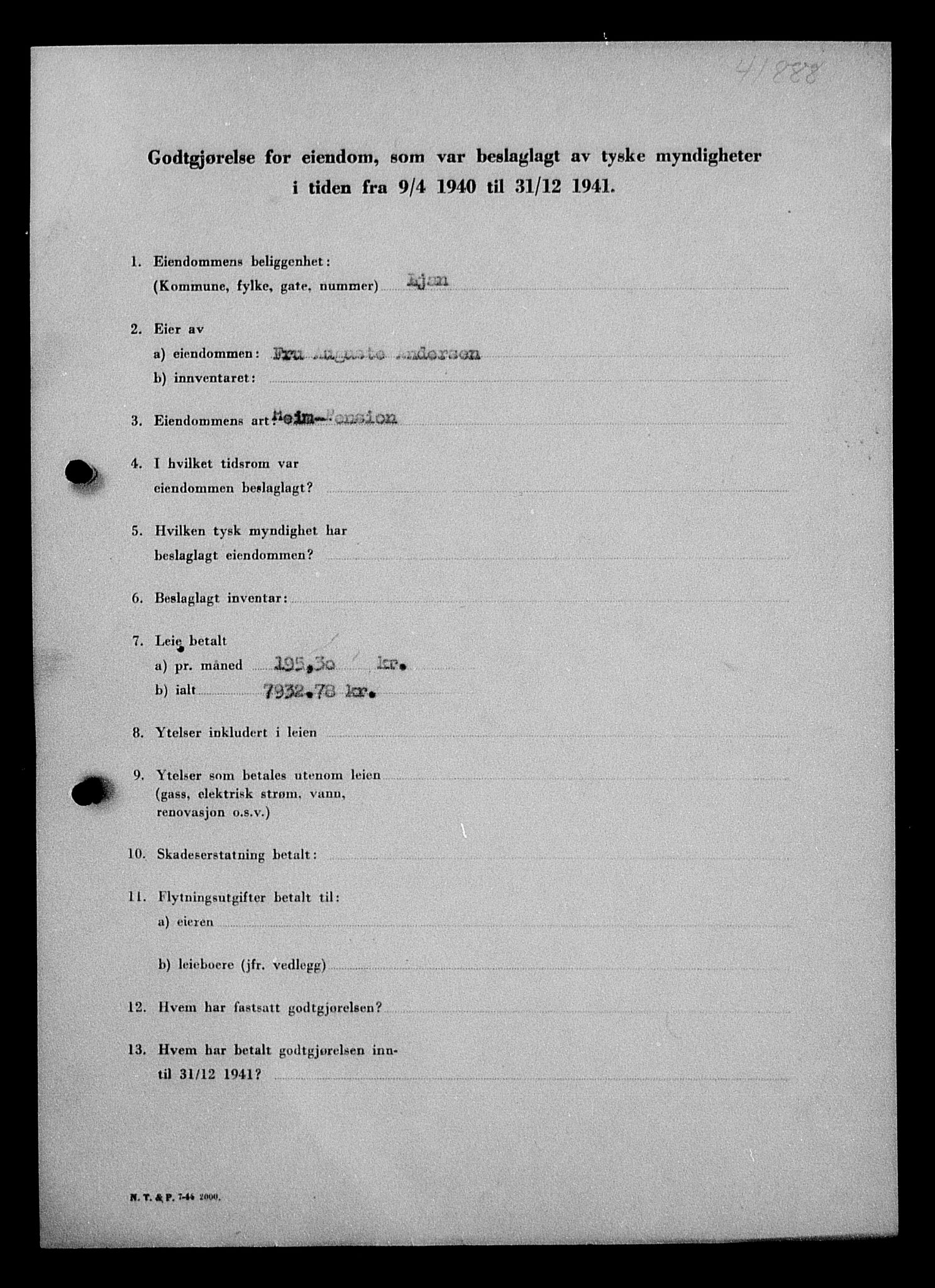 Justisdepartementet, Tilbakeføringskontoret for inndratte formuer, RA/S-1564/I/L1010: Godtgjørelse for beslaglagt eiendom, 1940-1941, s. 29