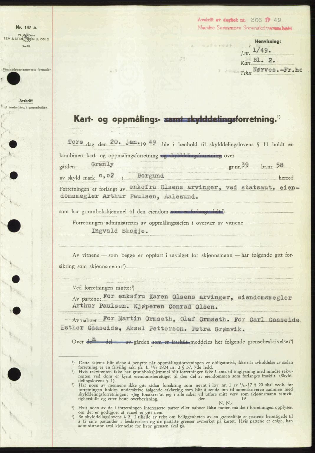Nordre Sunnmøre sorenskriveri, SAT/A-0006/1/2/2C/2Ca: Pantebok nr. A30, 1949-1949, Dagboknr: 306/1949