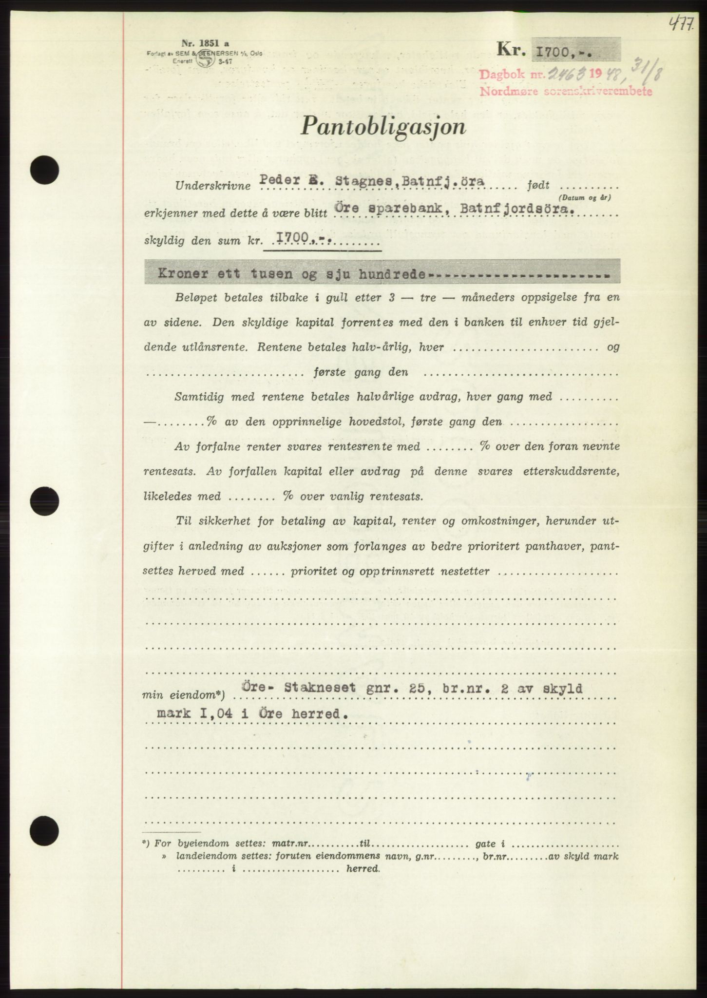 Nordmøre sorenskriveri, SAT/A-4132/1/2/2Ca: Pantebok nr. B99, 1948-1948, Dagboknr: 2463/1948