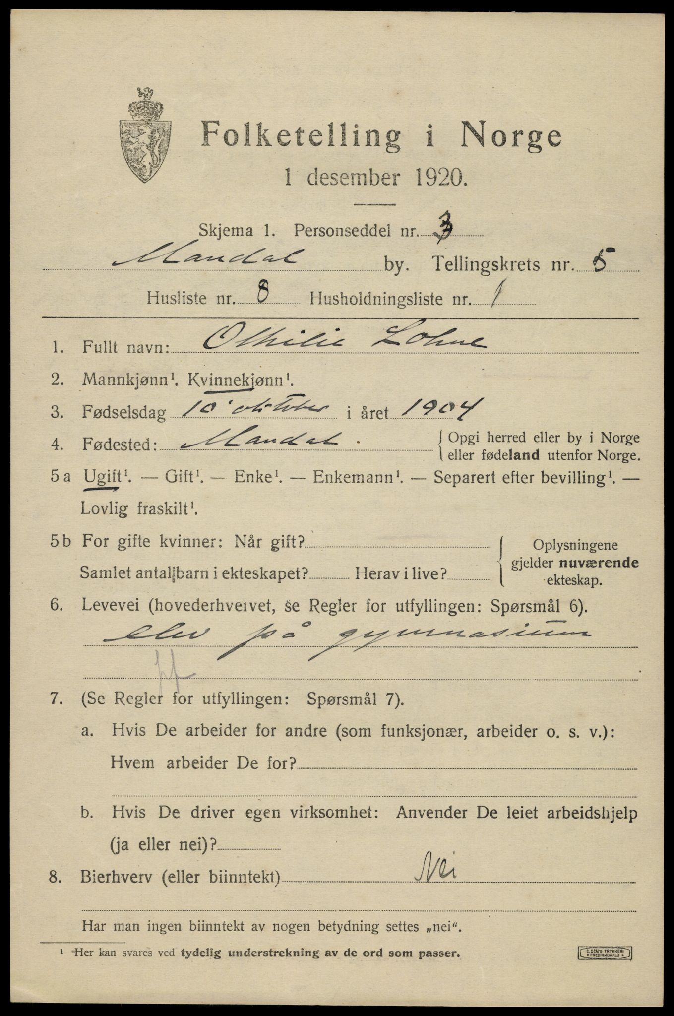SAK, Folketelling 1920 for 1002 Mandal ladested, 1920, s. 8281