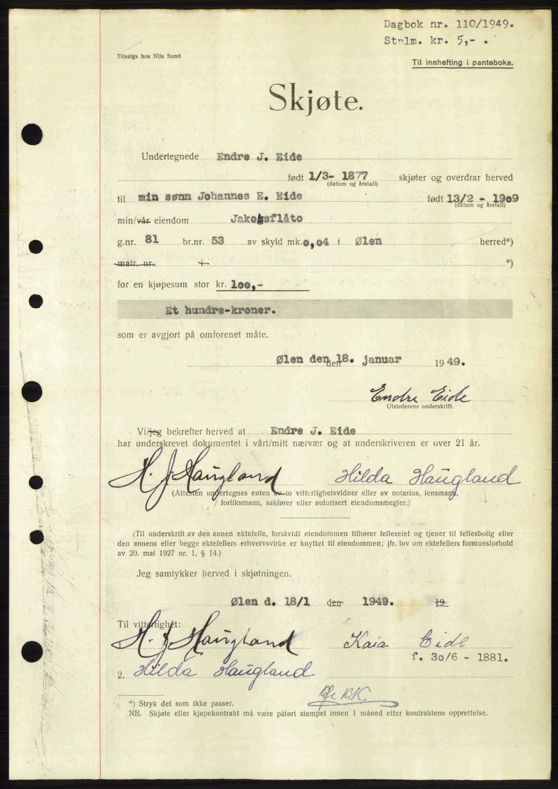 Sunnhordland sorenskrivar, AV/SAB-A-2401: Pantebok nr. A88, 1948-1949, Dagboknr: 110/1949