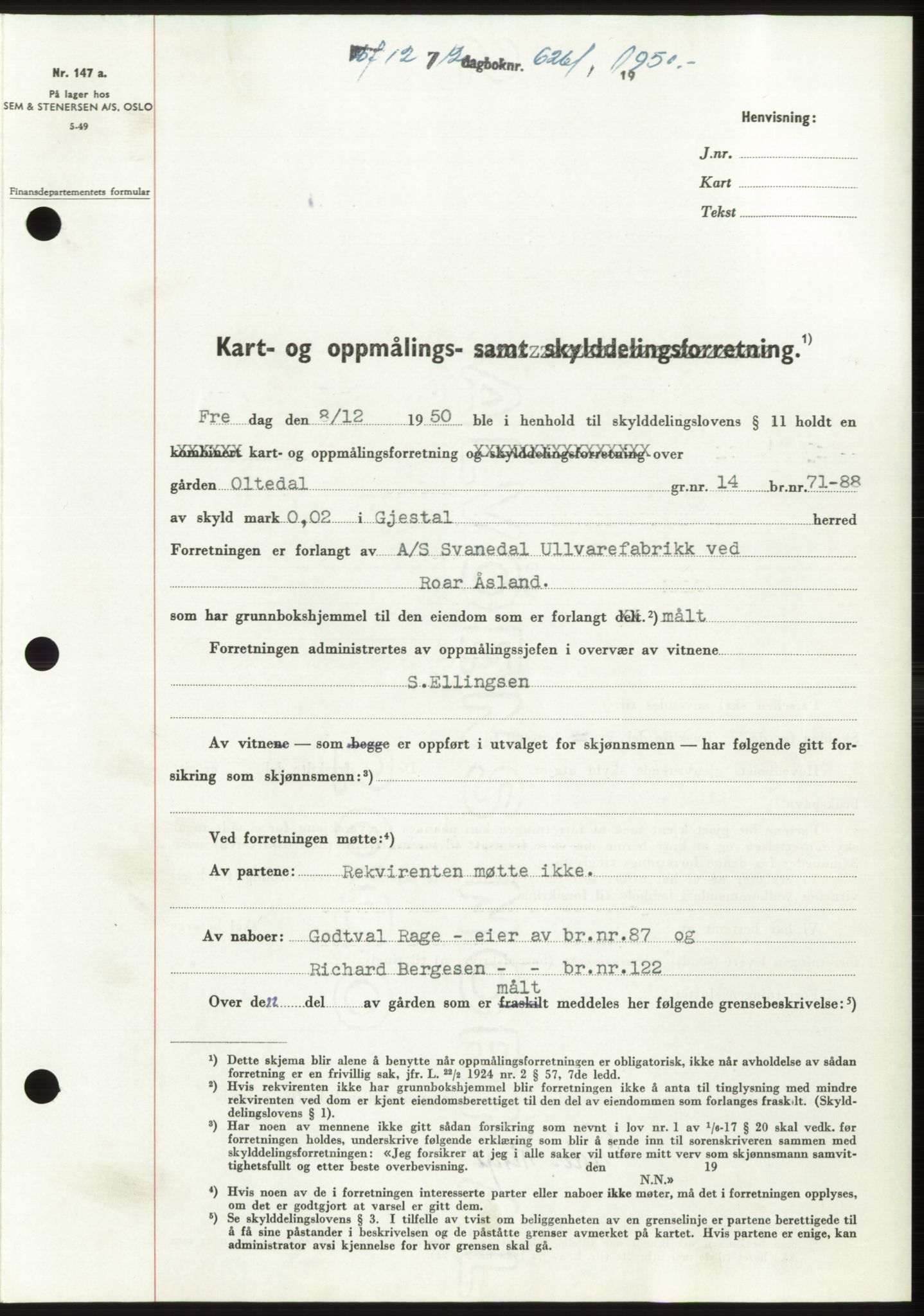 Jæren sorenskriveri, SAST/A-100310/03/G/Gba/L0110: Pantebok, 1950-1950, Dagboknr: 6261/1950