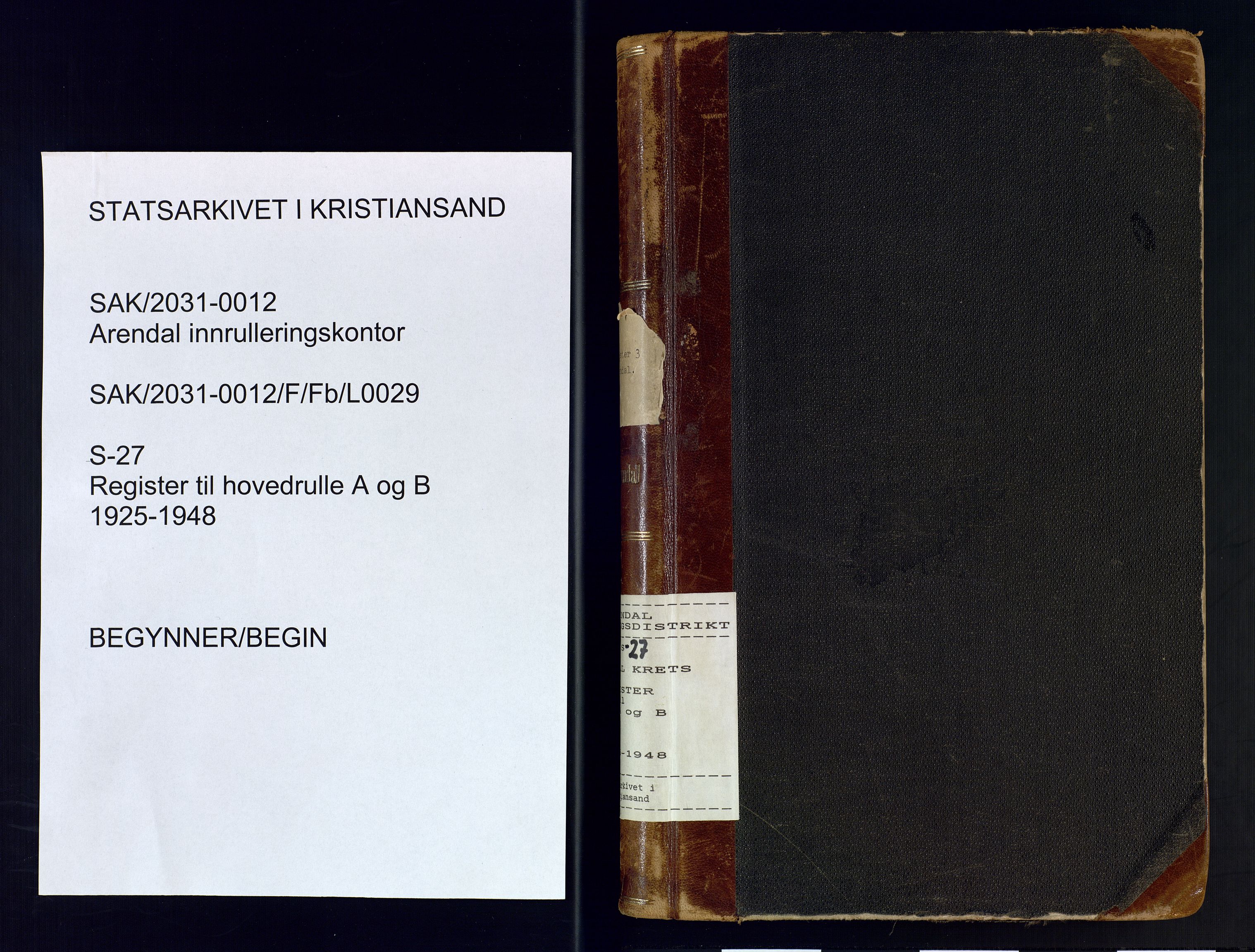 Arendal mønstringskrets, AV/SAK-2031-0012/F/Fb/L0029: Register til hovedrulle A og B, S-27, 1925-1948, s. 1