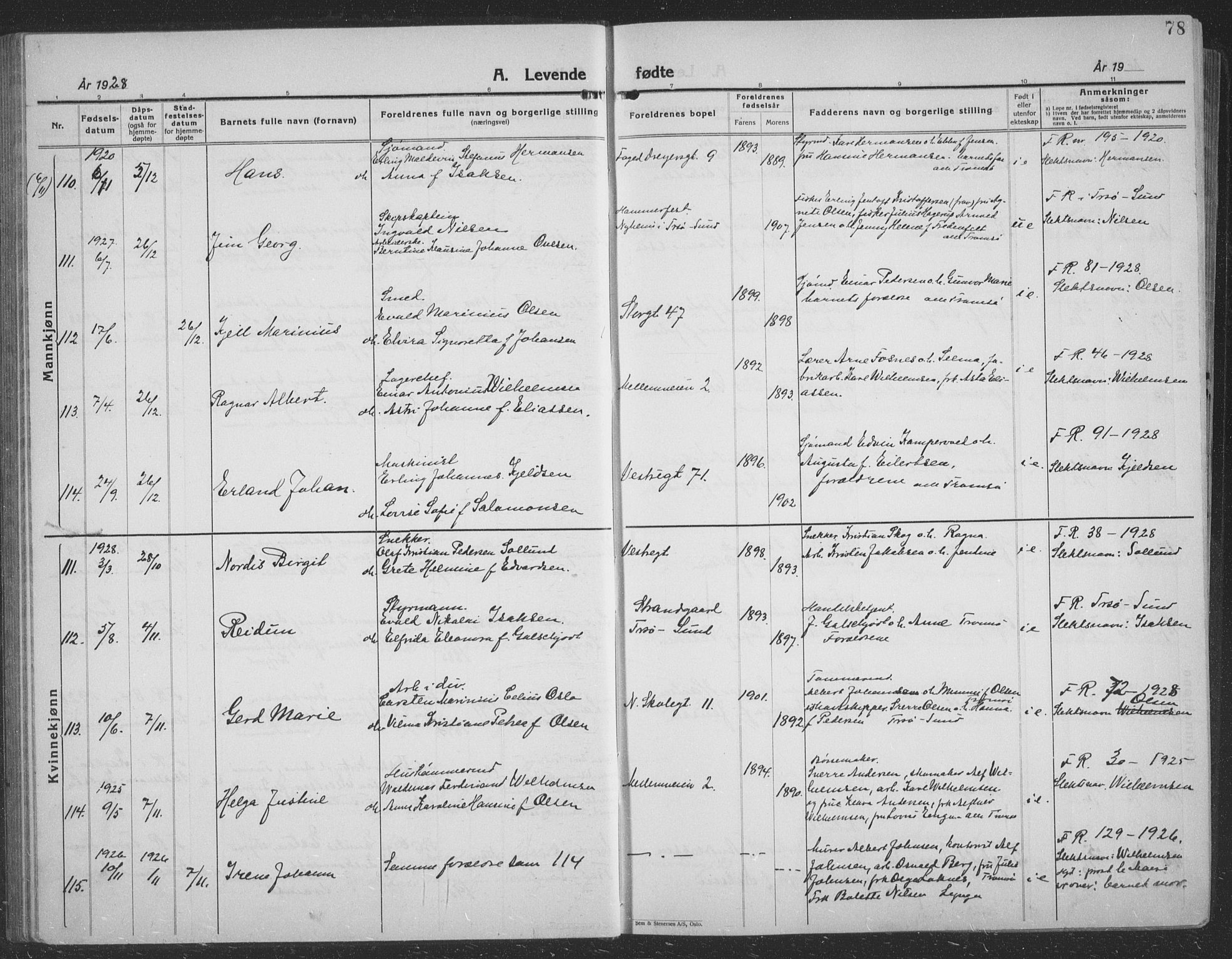 Tromsø sokneprestkontor/stiftsprosti/domprosti, AV/SATØ-S-1343/G/Gb/L0010klokker: Klokkerbok nr. 10, 1925-1937, s. 78