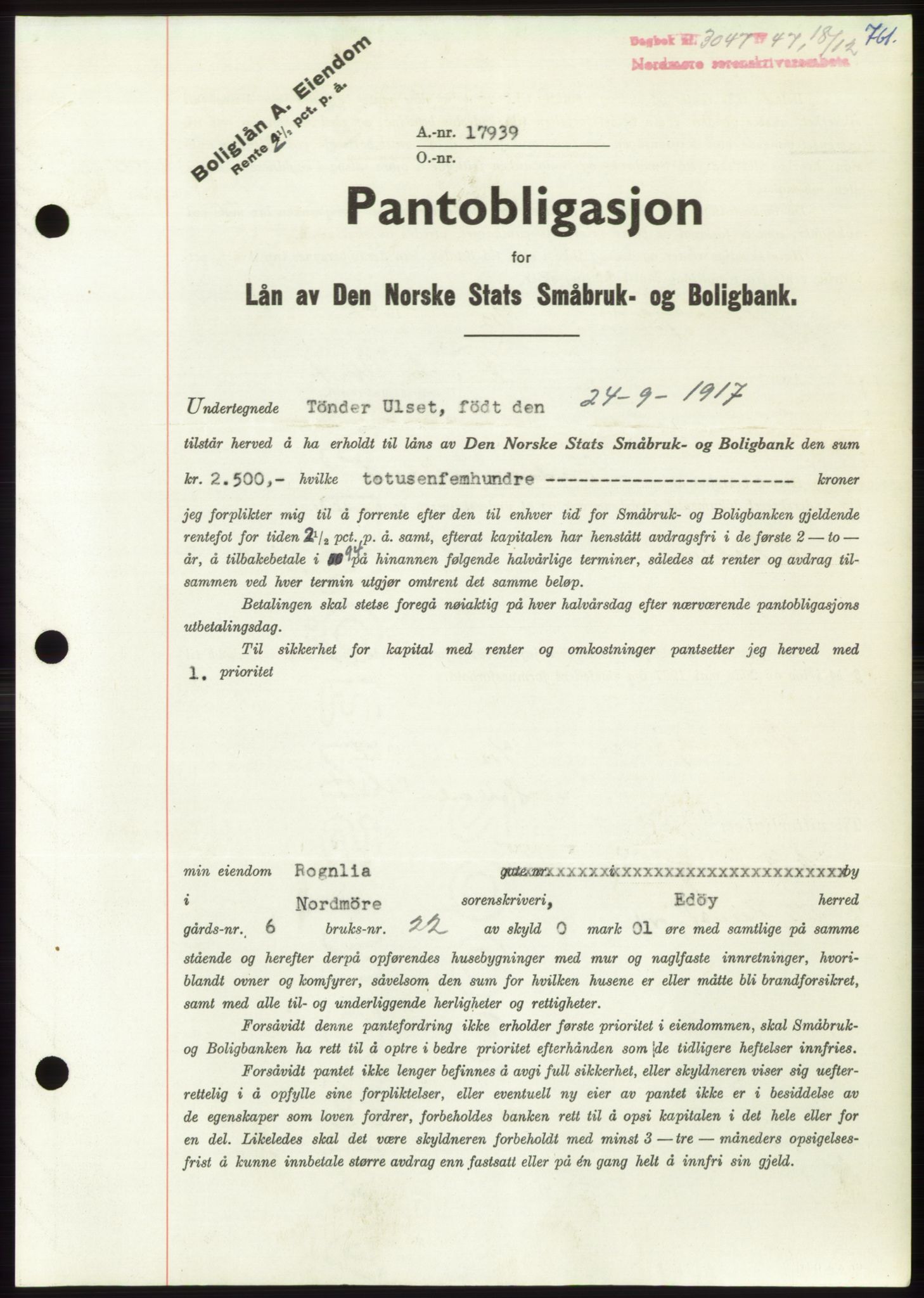 Nordmøre sorenskriveri, AV/SAT-A-4132/1/2/2Ca: Pantebok nr. B97, 1947-1948, Dagboknr: 3047/1947