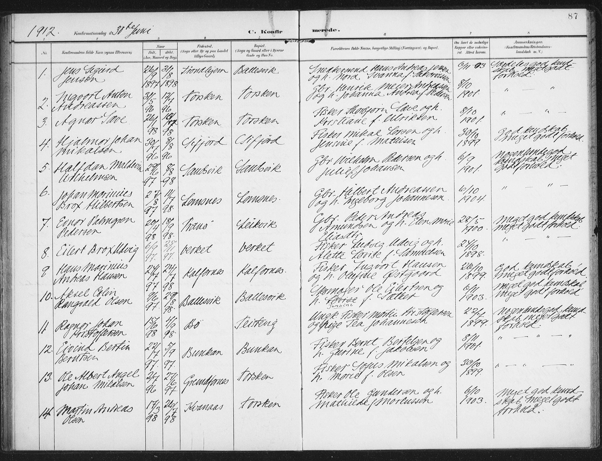 Berg sokneprestkontor, AV/SATØ-S-1318/G/Ga/Gaa/L0008kirke: Ministerialbok nr. 8, 1904-1916, s. 87