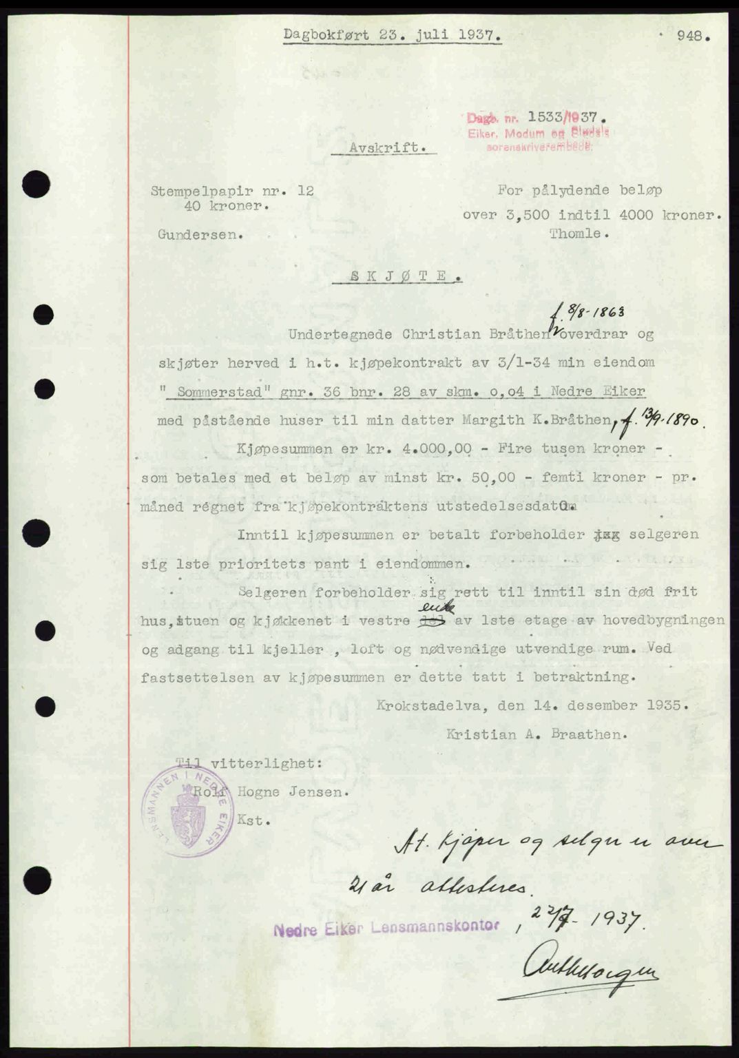 Eiker, Modum og Sigdal sorenskriveri, SAKO/A-123/G/Ga/Gab/L0035: Pantebok nr. A5, 1937-1937, Dagboknr: 1533/1937