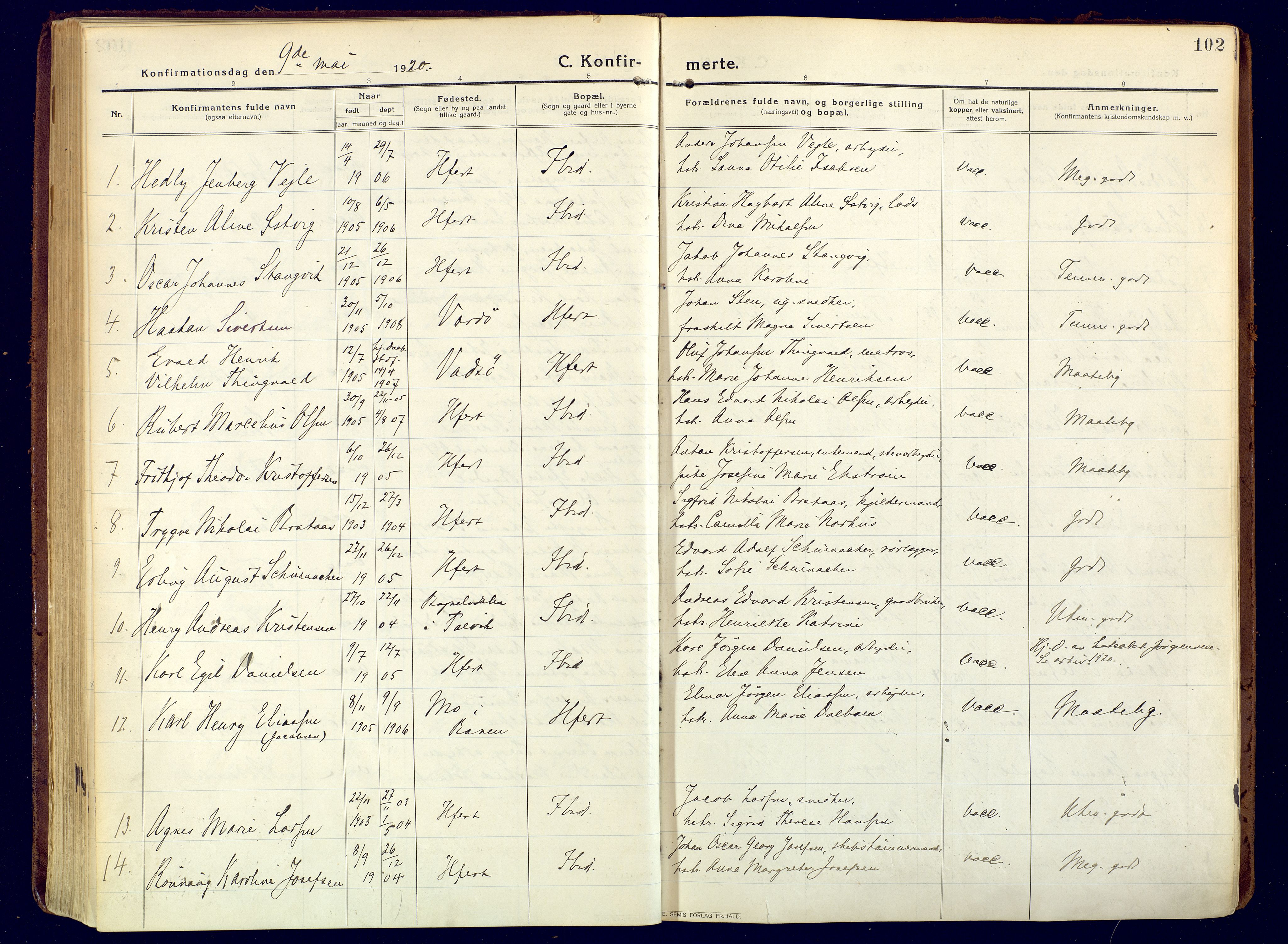 Hammerfest sokneprestkontor, AV/SATØ-S-1347/H/Ha/L0015.kirke: Ministerialbok nr. 15, 1916-1923, s. 102