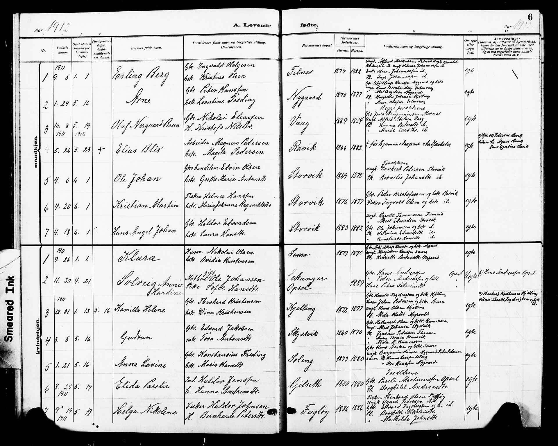 Ministerialprotokoller, klokkerbøker og fødselsregistre - Nordland, AV/SAT-A-1459/805/L0110: Klokkerbok nr. 805C06, 1909-1924, s. 6