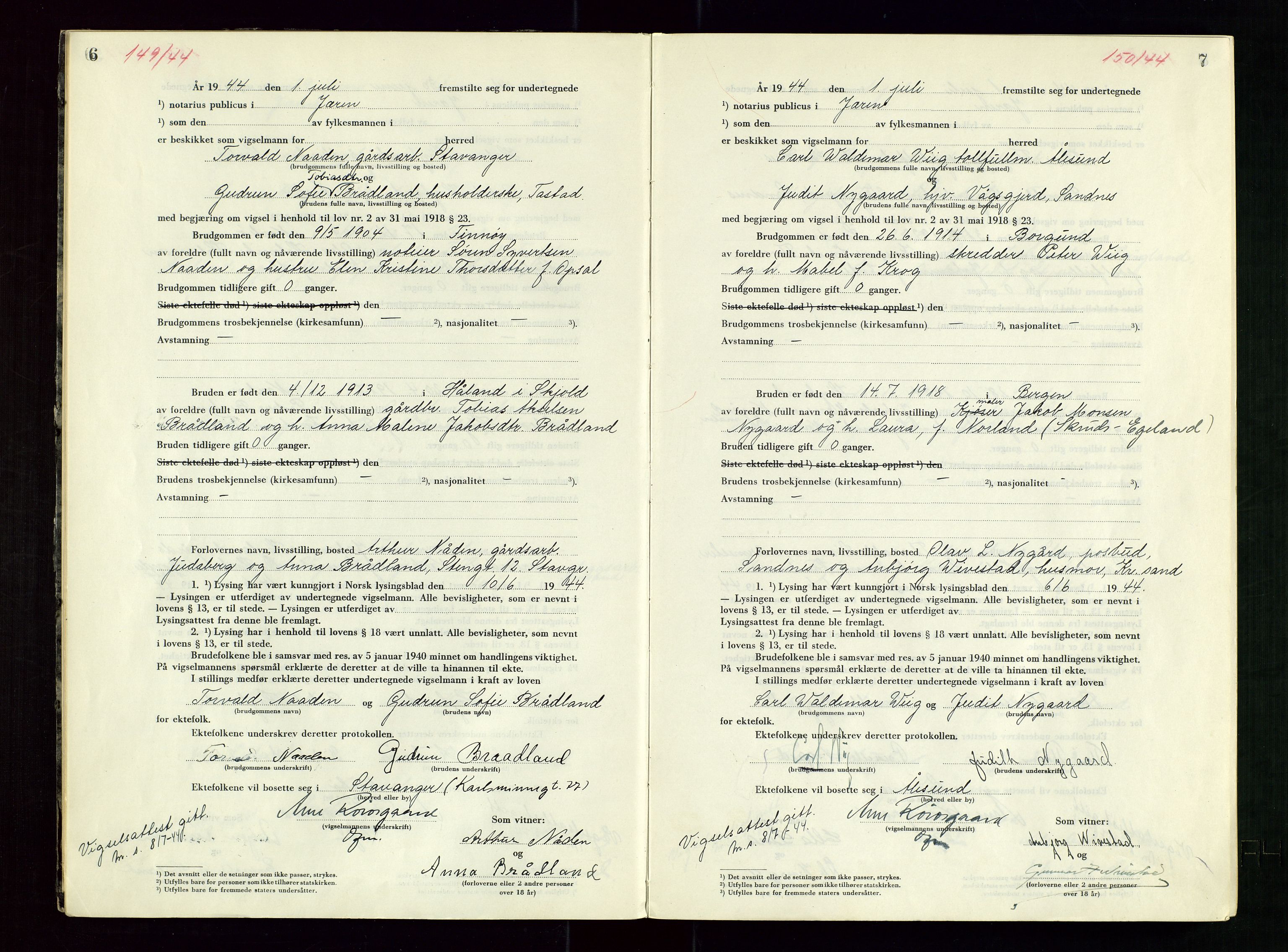 Jæren sorenskriveri, AV/SAST-A-100310/01/6/62/62BA/L0007: VIGSELSPROTOKOLL, 1944, s. 6-7