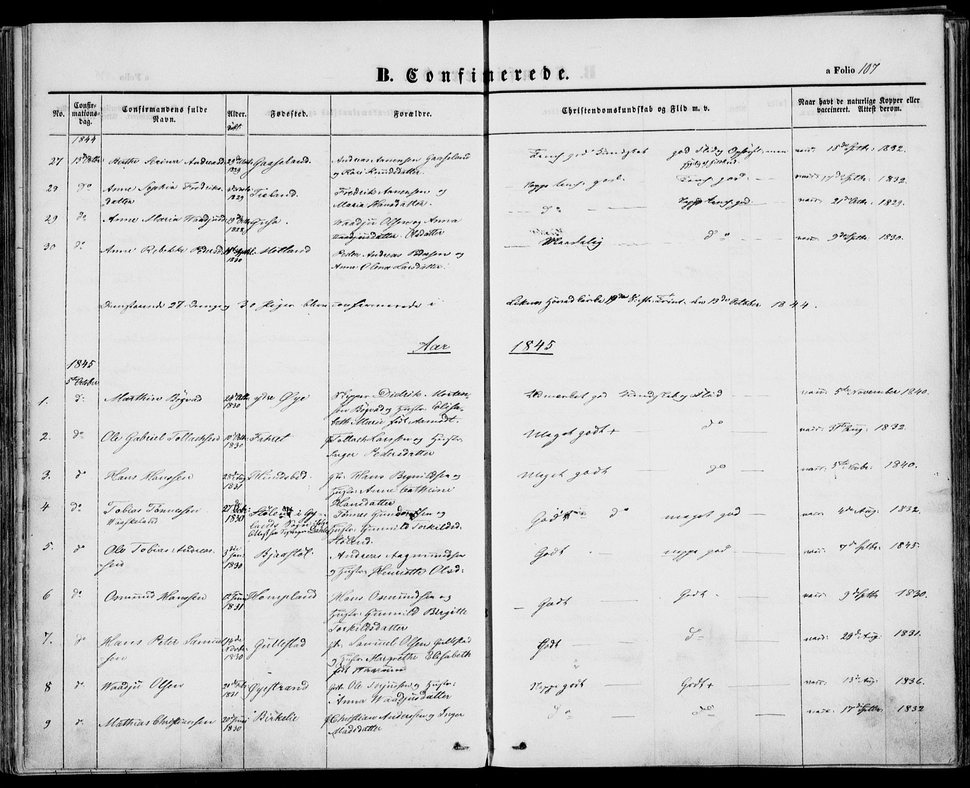 Kvinesdal sokneprestkontor, SAK/1111-0026/F/Fa/Fab/L0005: Ministerialbok nr. A 5, 1844-1857, s. 107