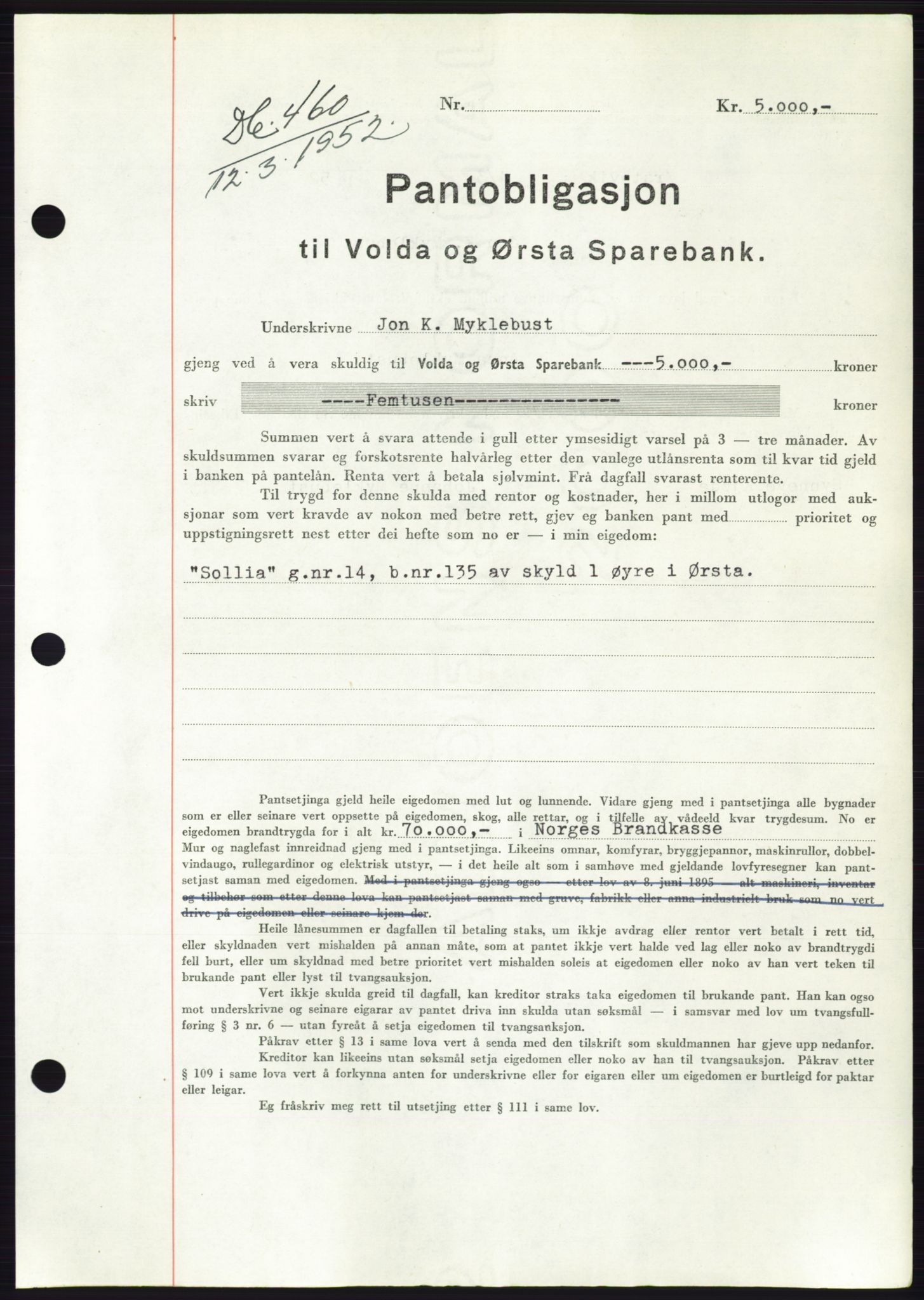 Søre Sunnmøre sorenskriveri, AV/SAT-A-4122/1/2/2C/L0121: Pantebok nr. 9B, 1951-1952, Dagboknr: 460/1952