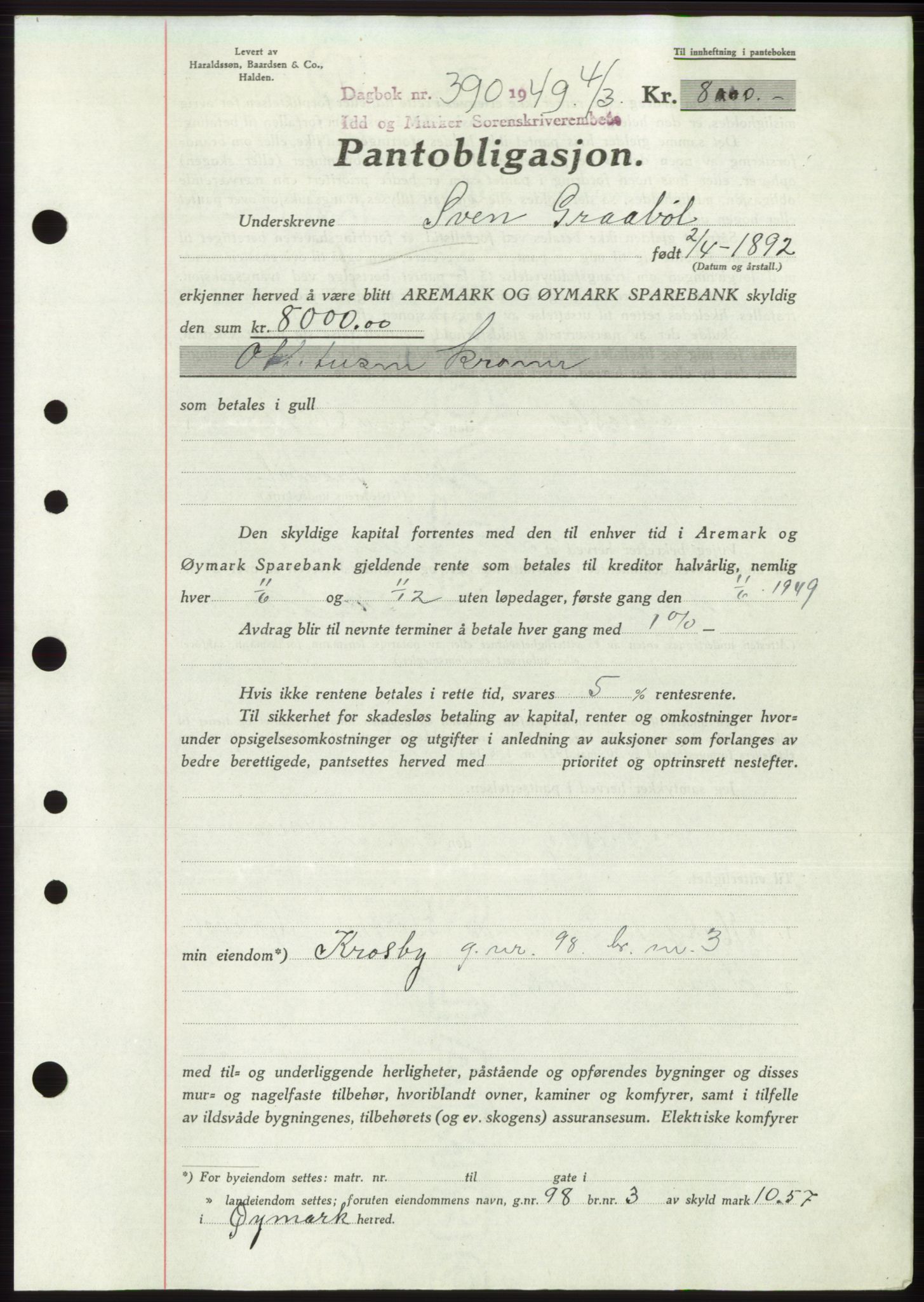 Idd og Marker sorenskriveri, AV/SAO-A-10283/G/Gb/Gbc/L0004: Pantebok nr. B10-15, 1946-1950, Dagboknr: 390/1949