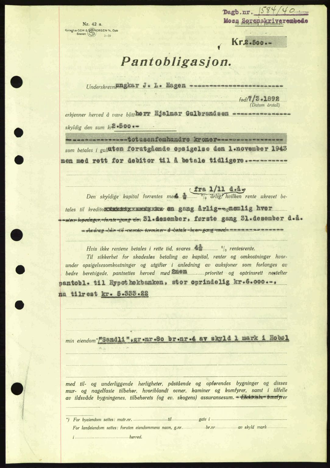Moss sorenskriveri, SAO/A-10168: Pantebok nr. B10, 1940-1941, Dagboknr: 1584/1940