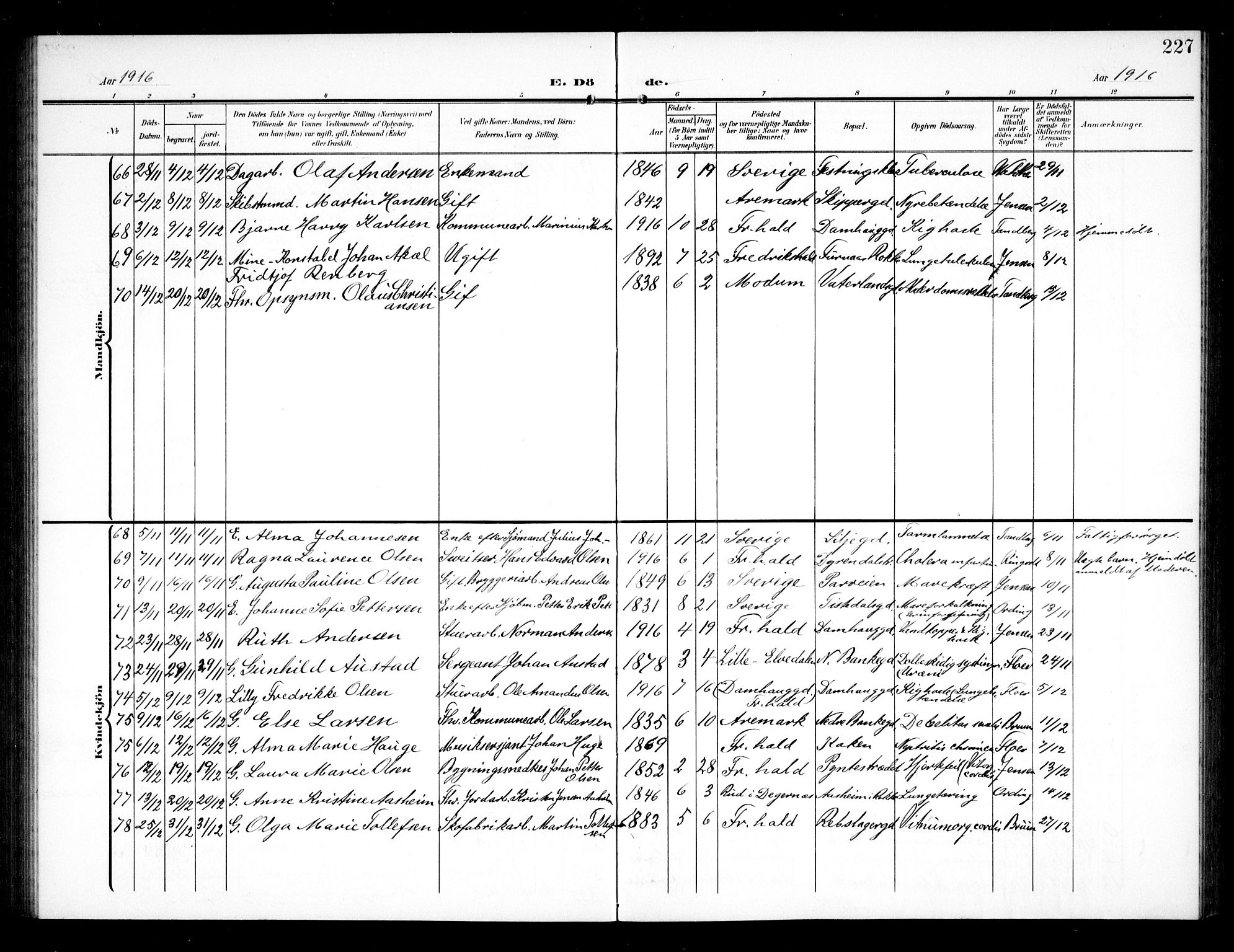 Halden prestekontor Kirkebøker, AV/SAO-A-10909/G/Ga/L0011: Klokkerbok nr. 11, 1906-1934, s. 227