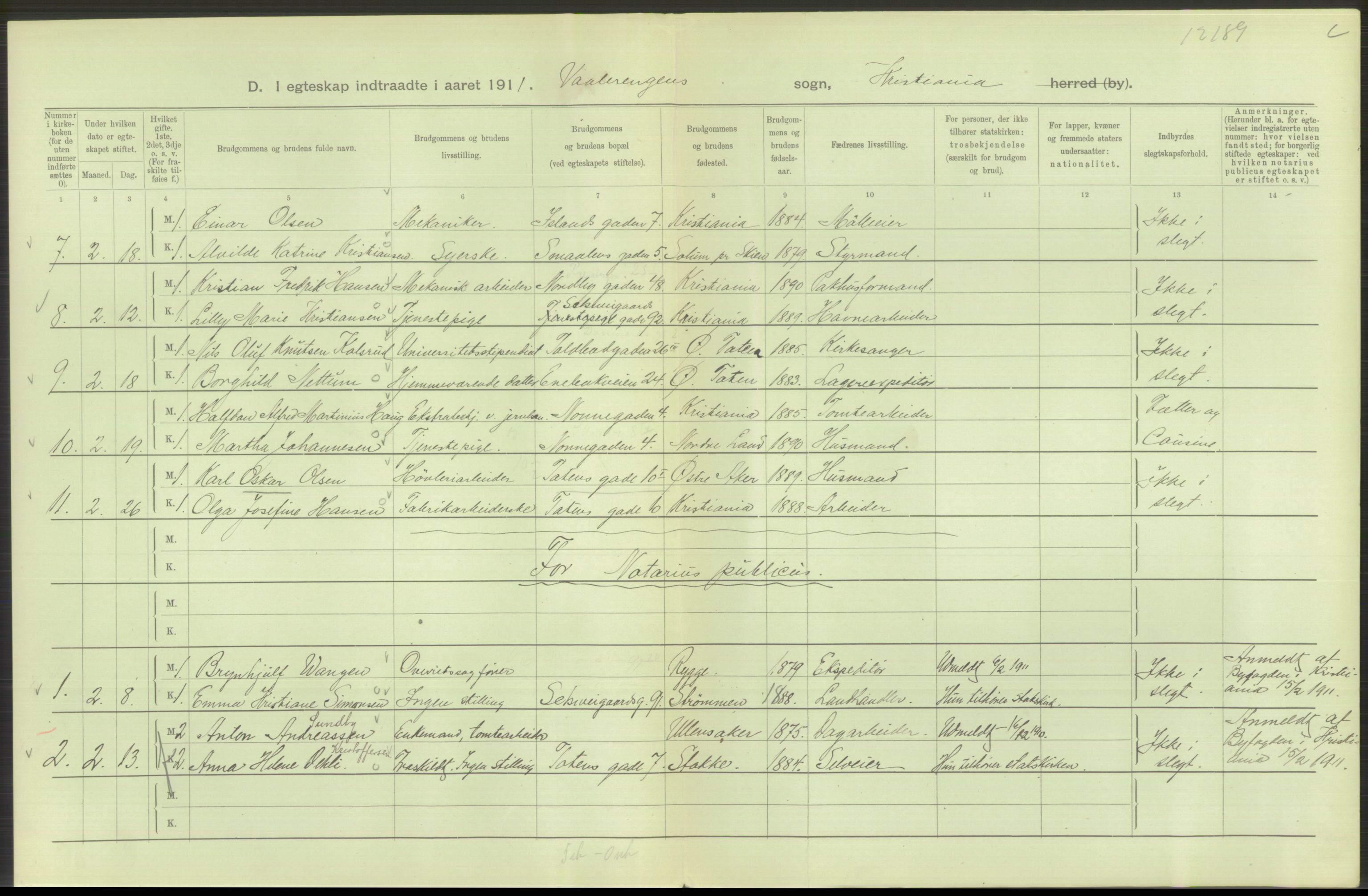 Statistisk sentralbyrå, Sosiodemografiske emner, Befolkning, AV/RA-S-2228/D/Df/Dfb/Dfba/L0008: Kristiania: Gifte, 1911, s. 260