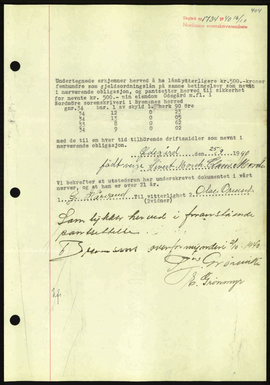 Nordmøre sorenskriveri, AV/SAT-A-4132/1/2/2Ca: Pantebok nr. B87, 1940-1941, Dagboknr: 1734/1940