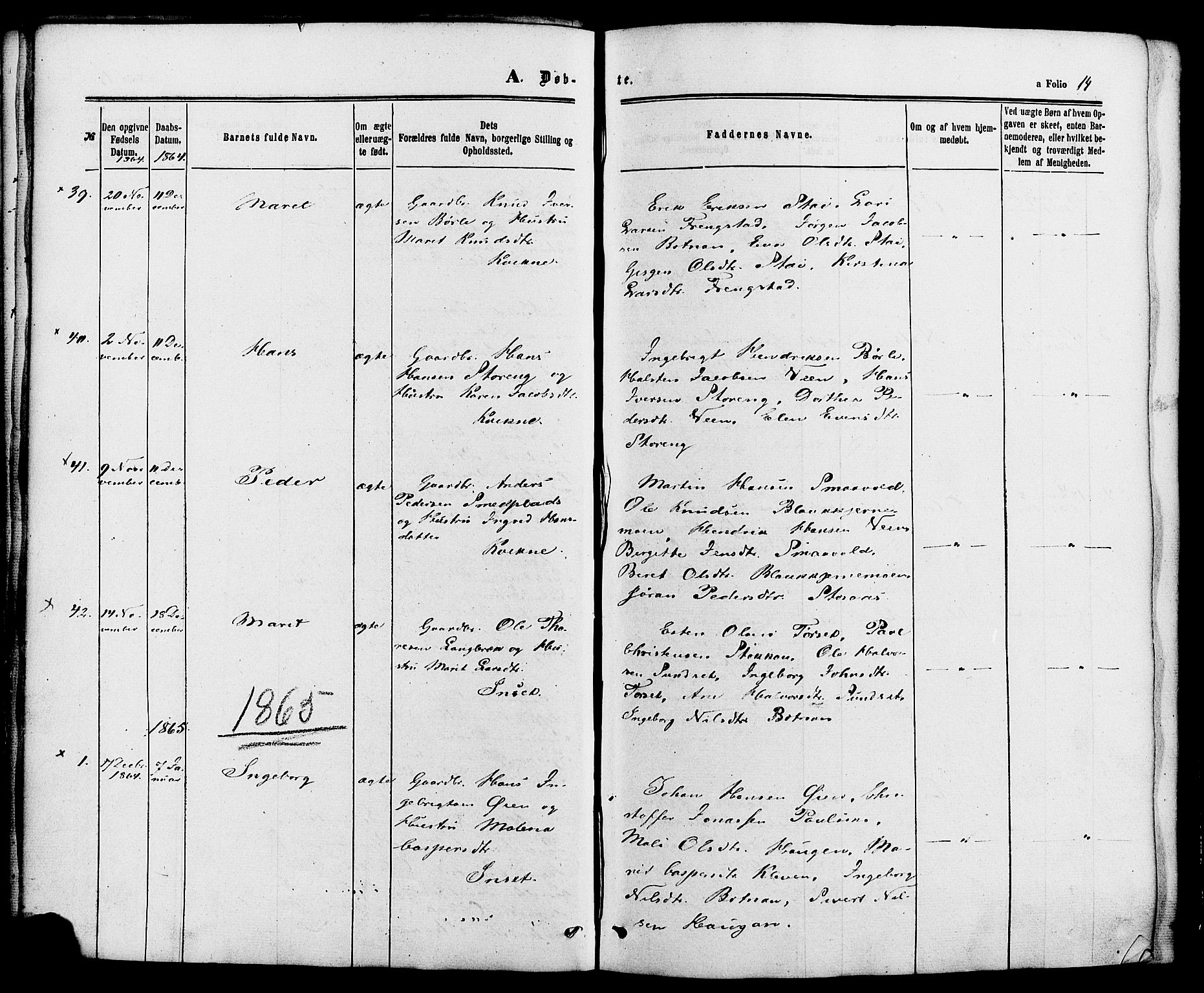 Kvikne prestekontor, AV/SAH-PREST-064/H/Ha/Haa/L0006: Ministerialbok nr. 6, 1863-1886, s. 14