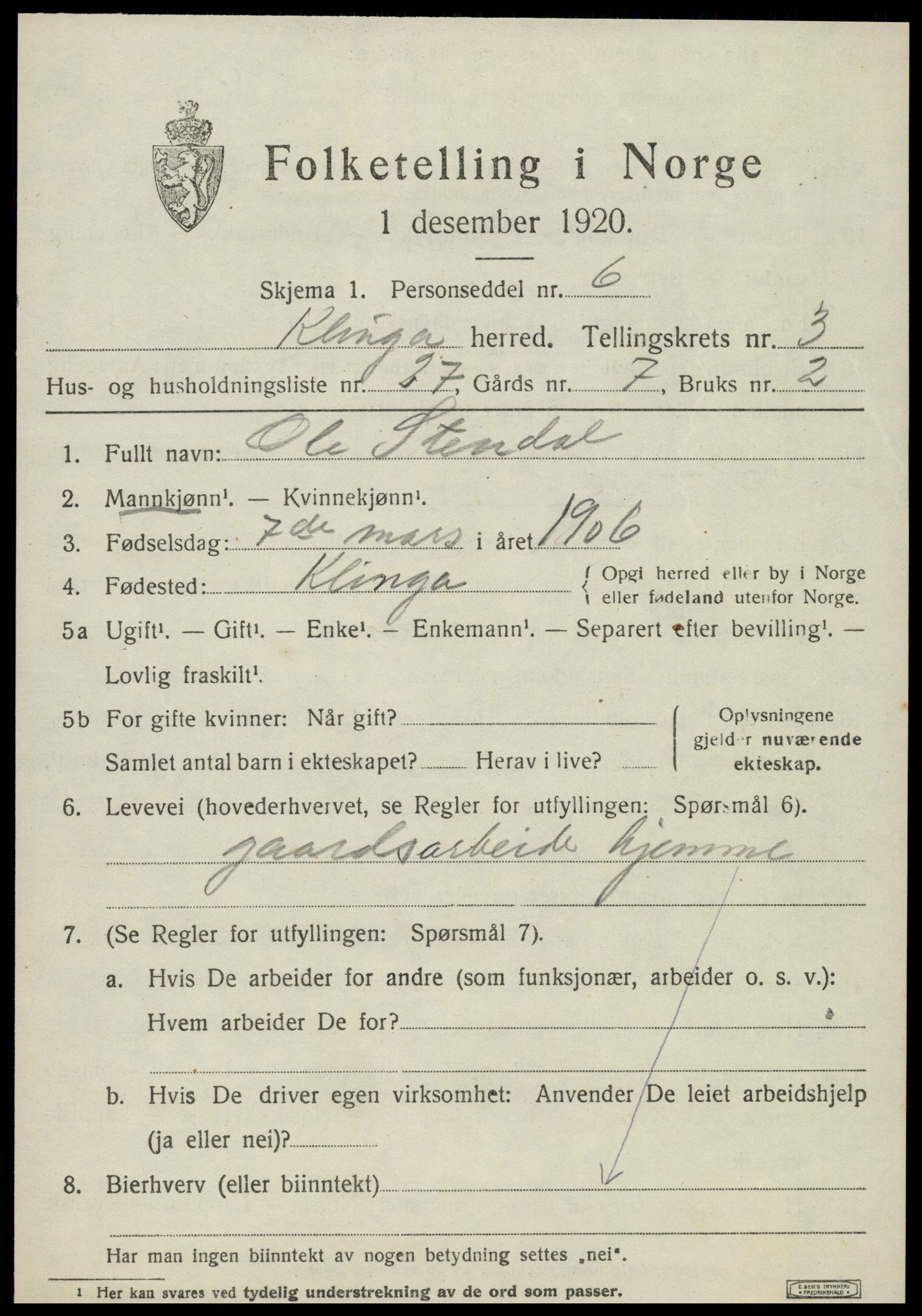 SAT, Folketelling 1920 for 1746 Klinga herred, 1920, s. 2397